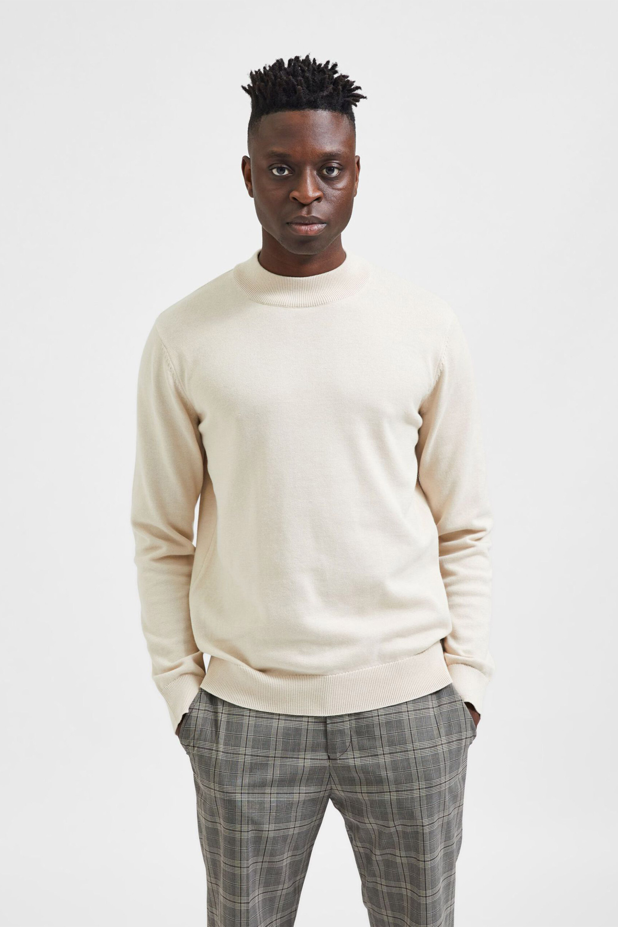 Selected ανδρικό πουλόβερ μονόχρωμο με στρογγυλή λαιμόκοψη - 16086643 Εκρού