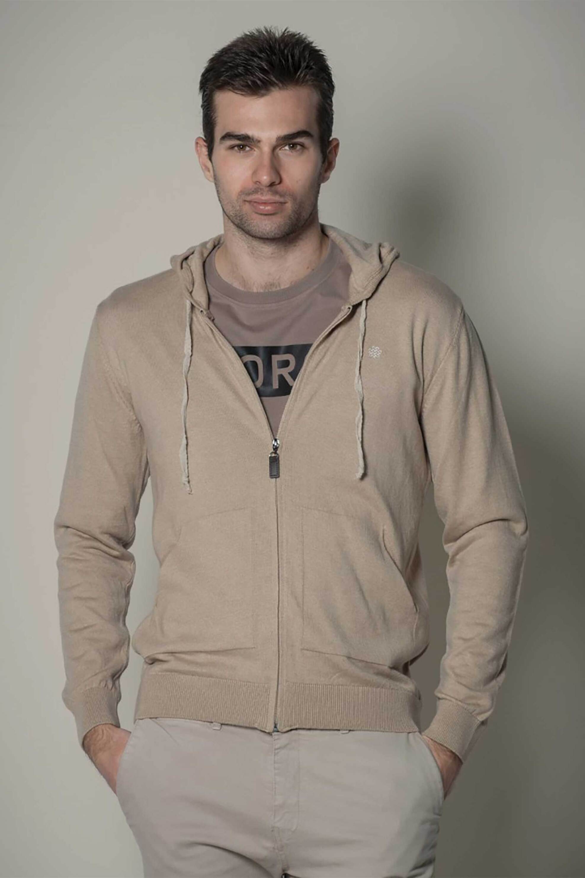 Dors ανδρική πλεκτή ζακέτα με κουκούλα και κεντημένο λογότυπο - 1237013.C01 Μπεζ