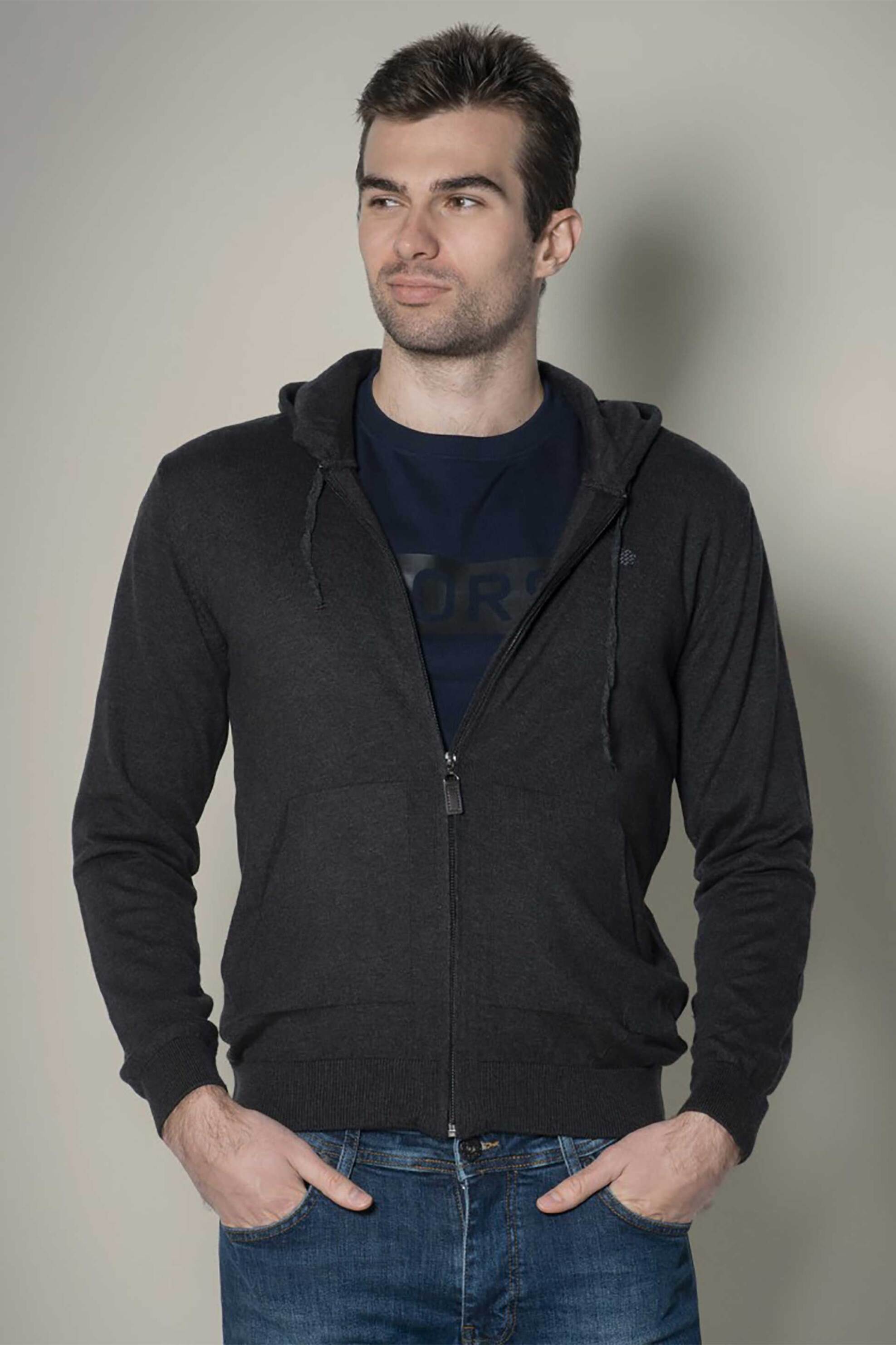 Dors ανδρική πλεκτή ζακέτα με κουκούλα και κεντημένο λογότυπο - 1237013.C03 Γκρι Σκούρο