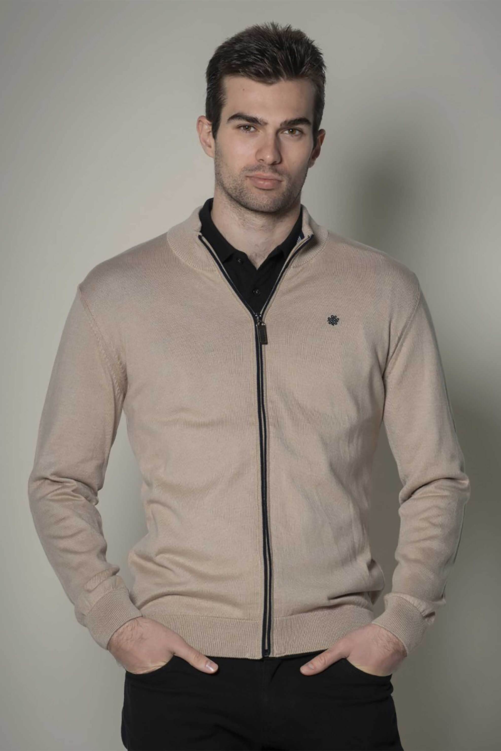 Dors ανδρική πλεκτή ζακέτα με φεμρουάρ και κεντημένο λογότυπο - 1237024.C01 Μπεζ