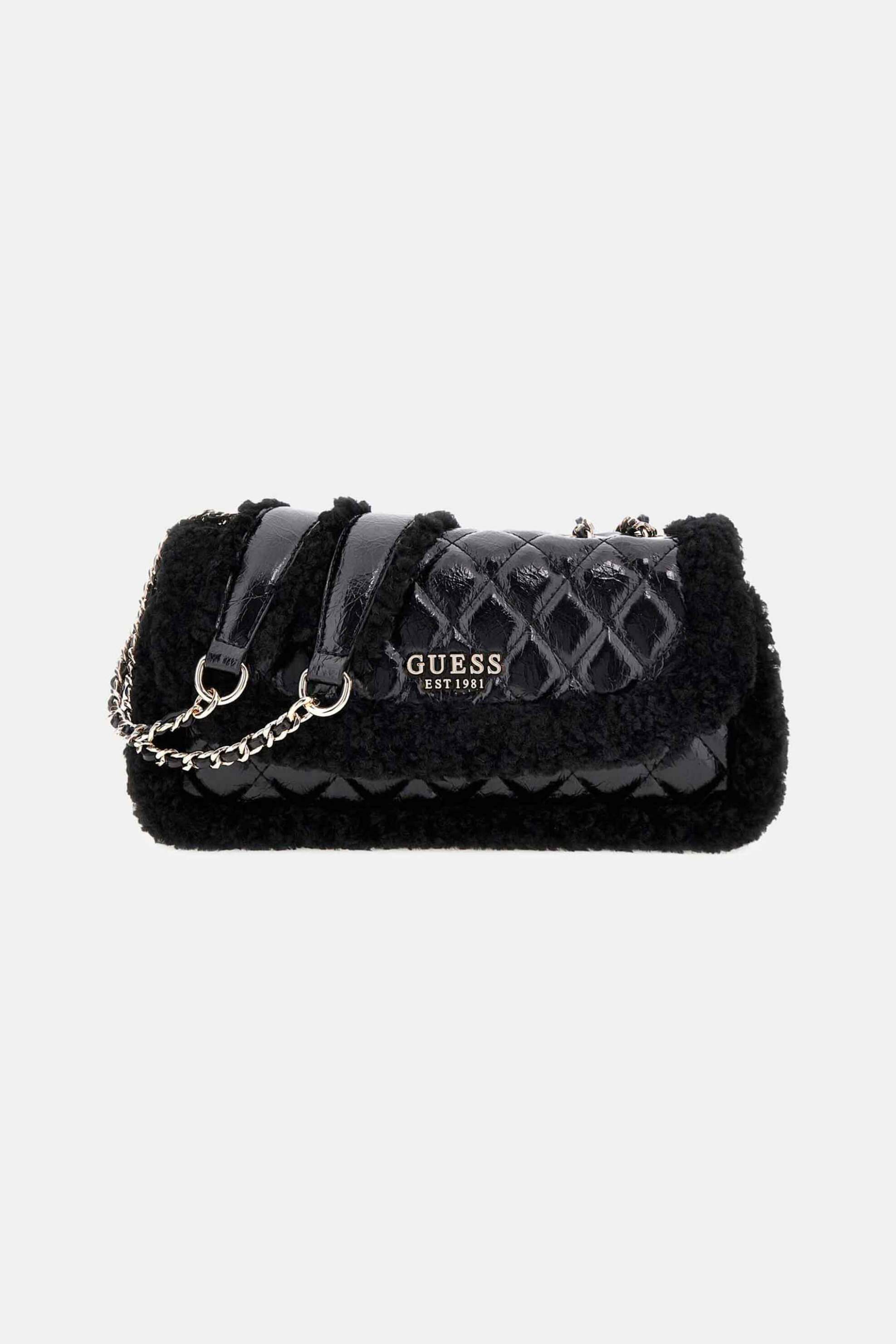 Guess γυναικεία τσάντα crossbody λουστρίνι με καπιτονέ σχέδιο και faux γούνα "Cristi" - HWTG8139210 Μαύρο