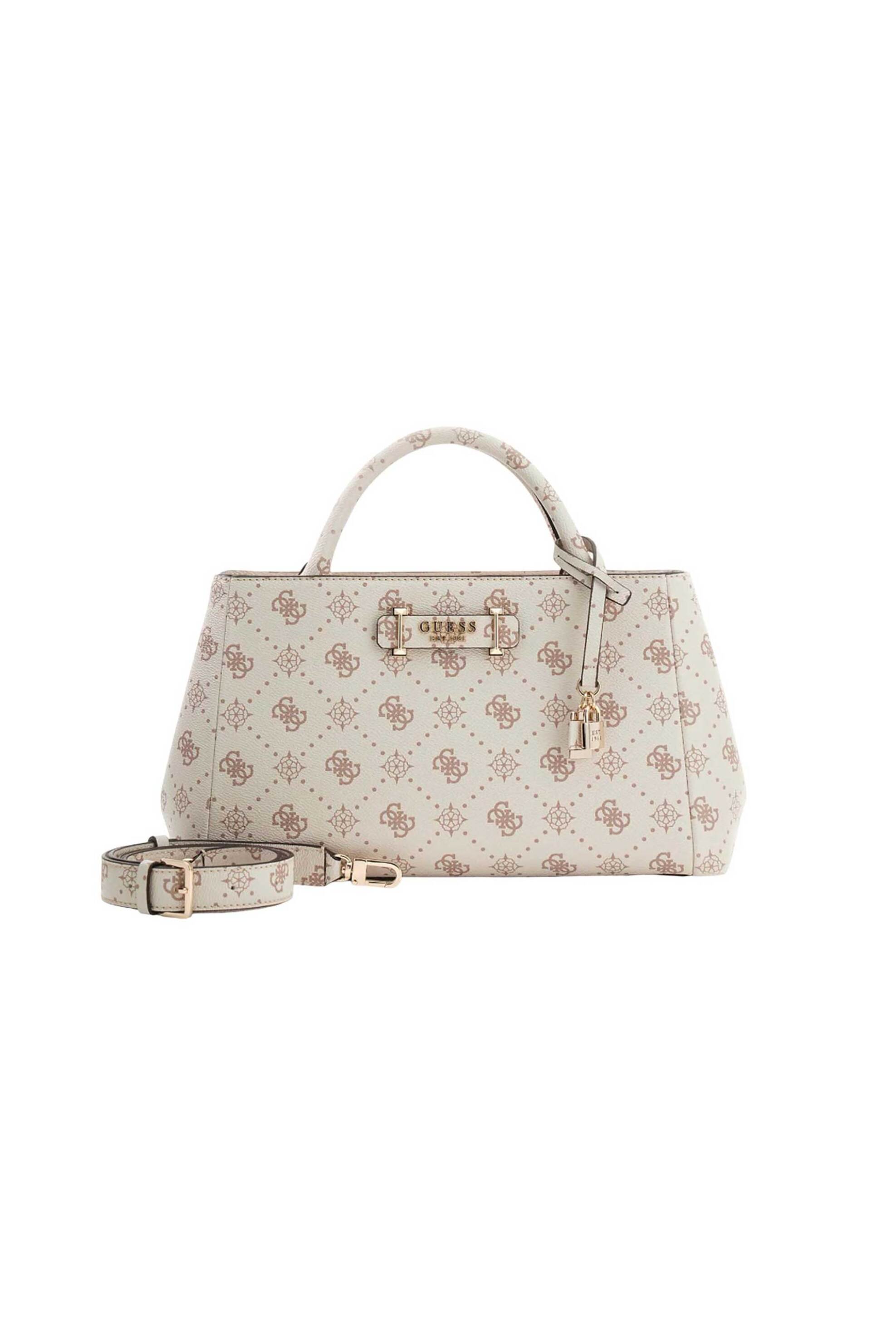Guess γυναικεία τσάντα χειρός με all-over logo print "Carrie Logo Girlfriend Satchel" - HWGP9898060 Κρέμ