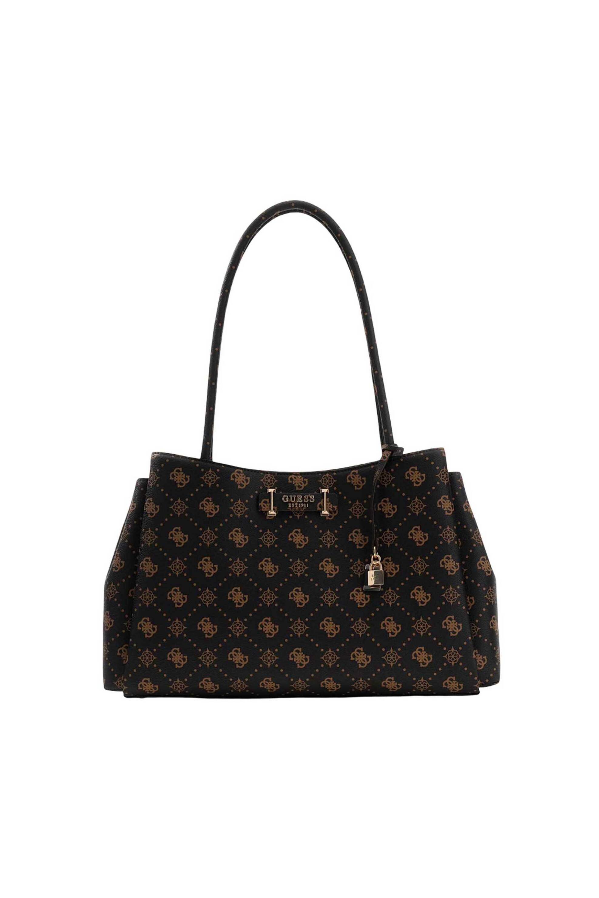 Guess γυναικεία τσάντα ώμου με μεταλλικό λογότυπο και all-over logo print "Carrie Logo Girlfriend Carryall" - HWGP9898220 Καφέ Σκούρο