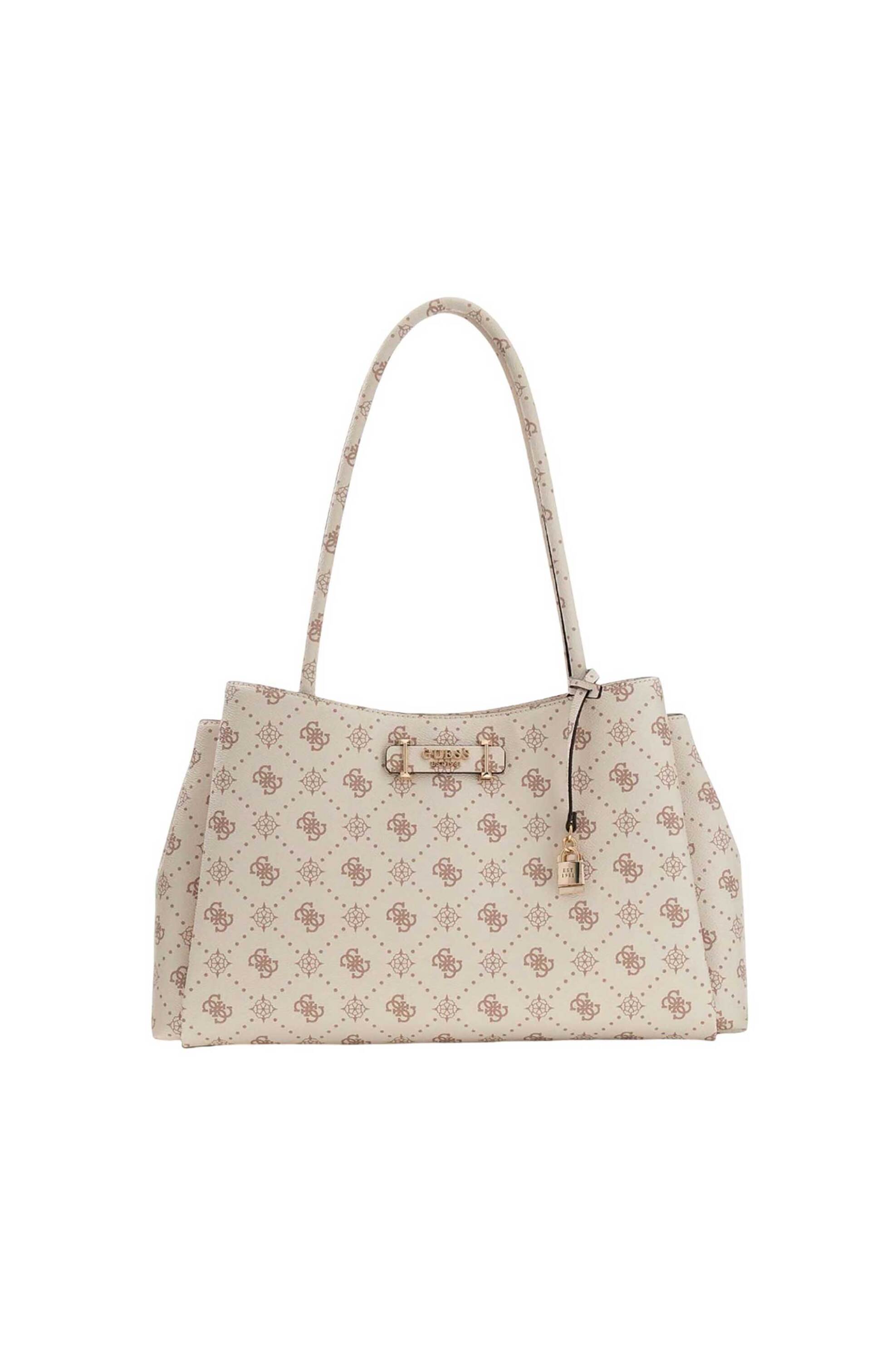 Guess γυναικεία τσάντα ώμου με μεταλλικό λογότυπο και all-over logo print "Carrie Logo Girlfriend Carryall" - HWGP9898220 Κρέμ