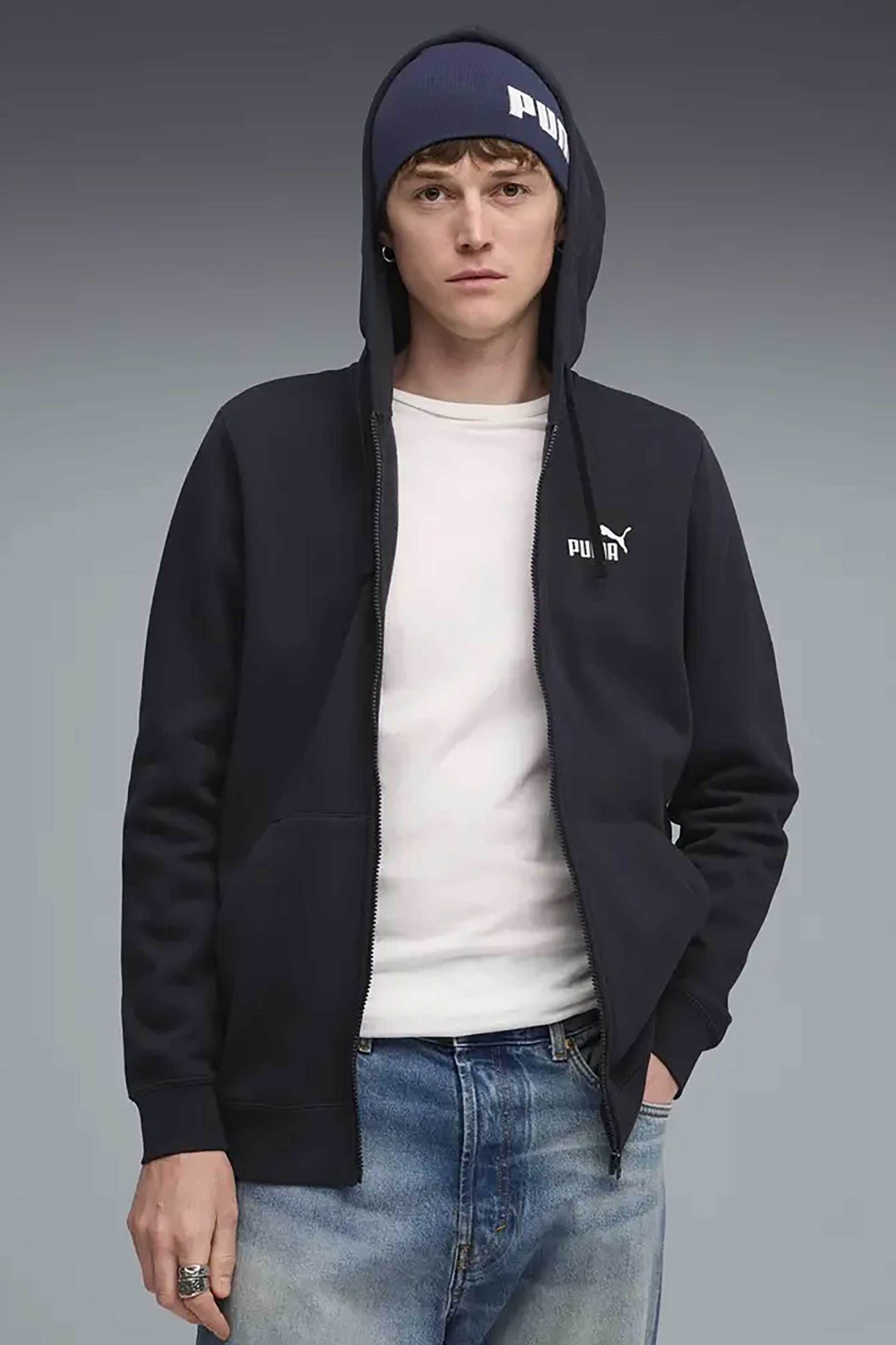 Puma ανδρική ζακέτα φούτερ με κουκούλα και λογότυπο Regular Fit "Essential" - 682658 Μπλε Σκούρο