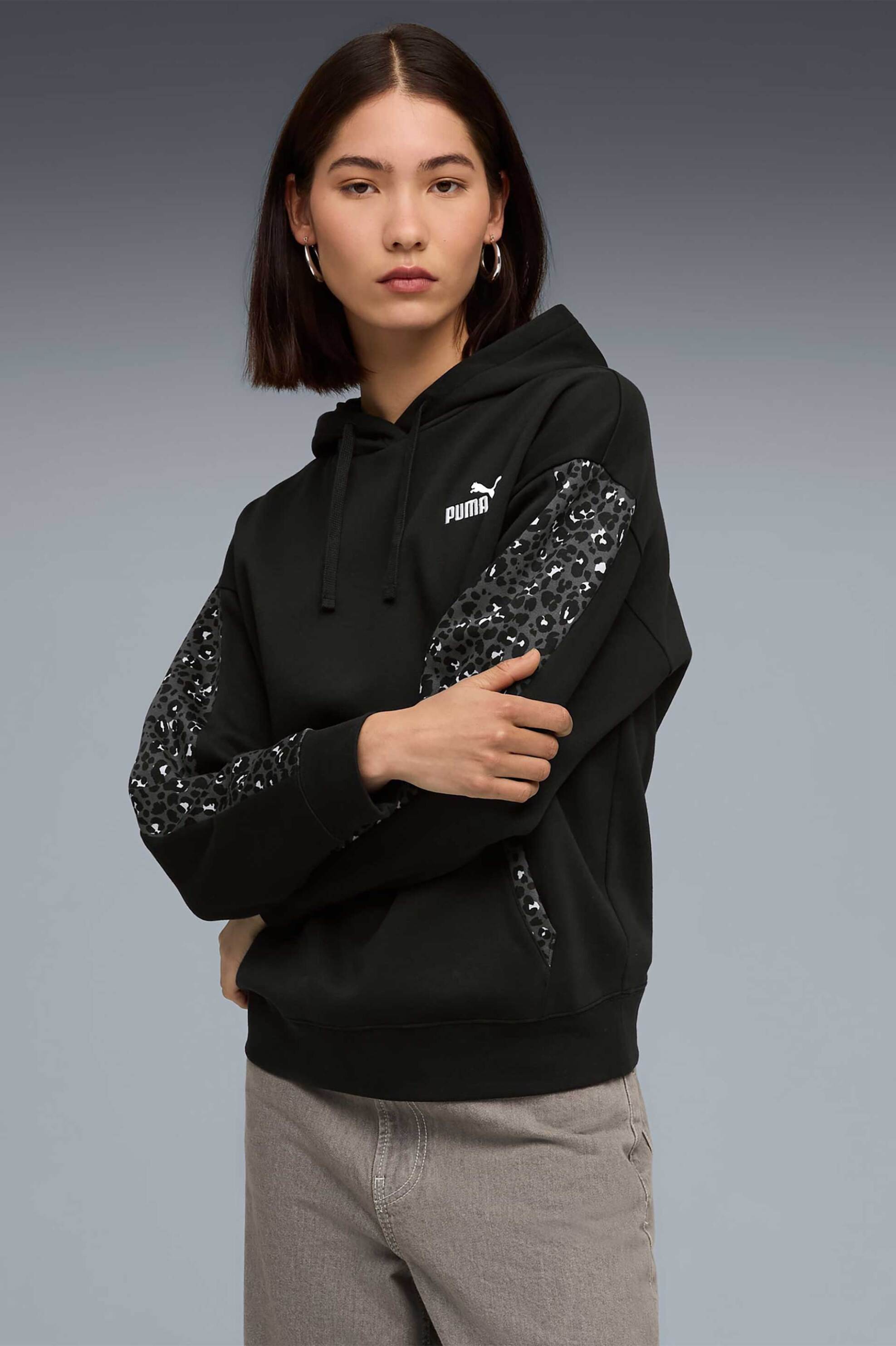 Puma γυναικεία μπλούζα φούτερ με κουκούλα Comfort Fit "Essentials Animal Print" - 688084 Μαύρο