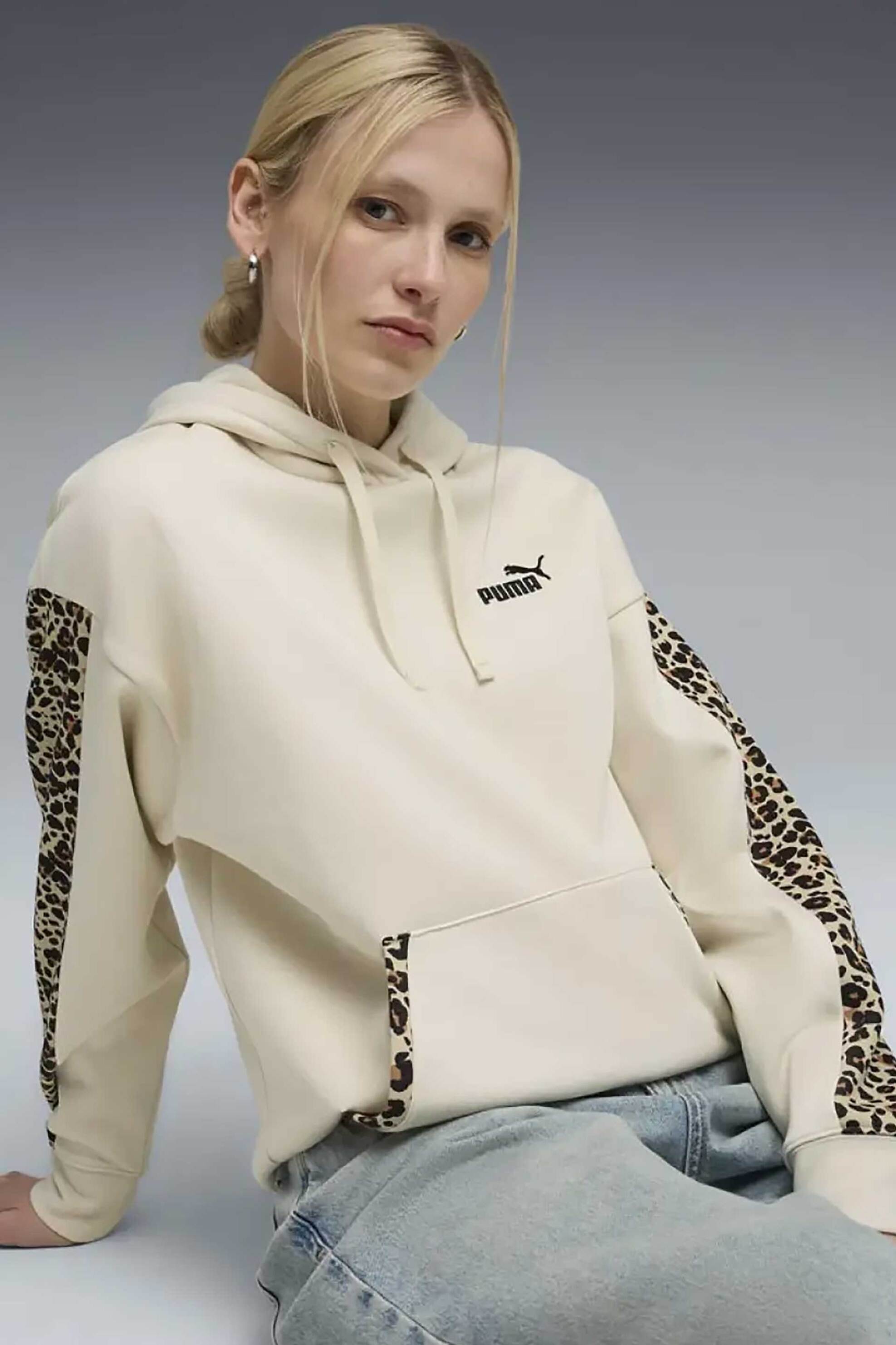 Puma γυναικεία μπλούζα φούτερ με κουκούλα Comfort Fit "Essentials Animal Print" - 688084 Μπεζ