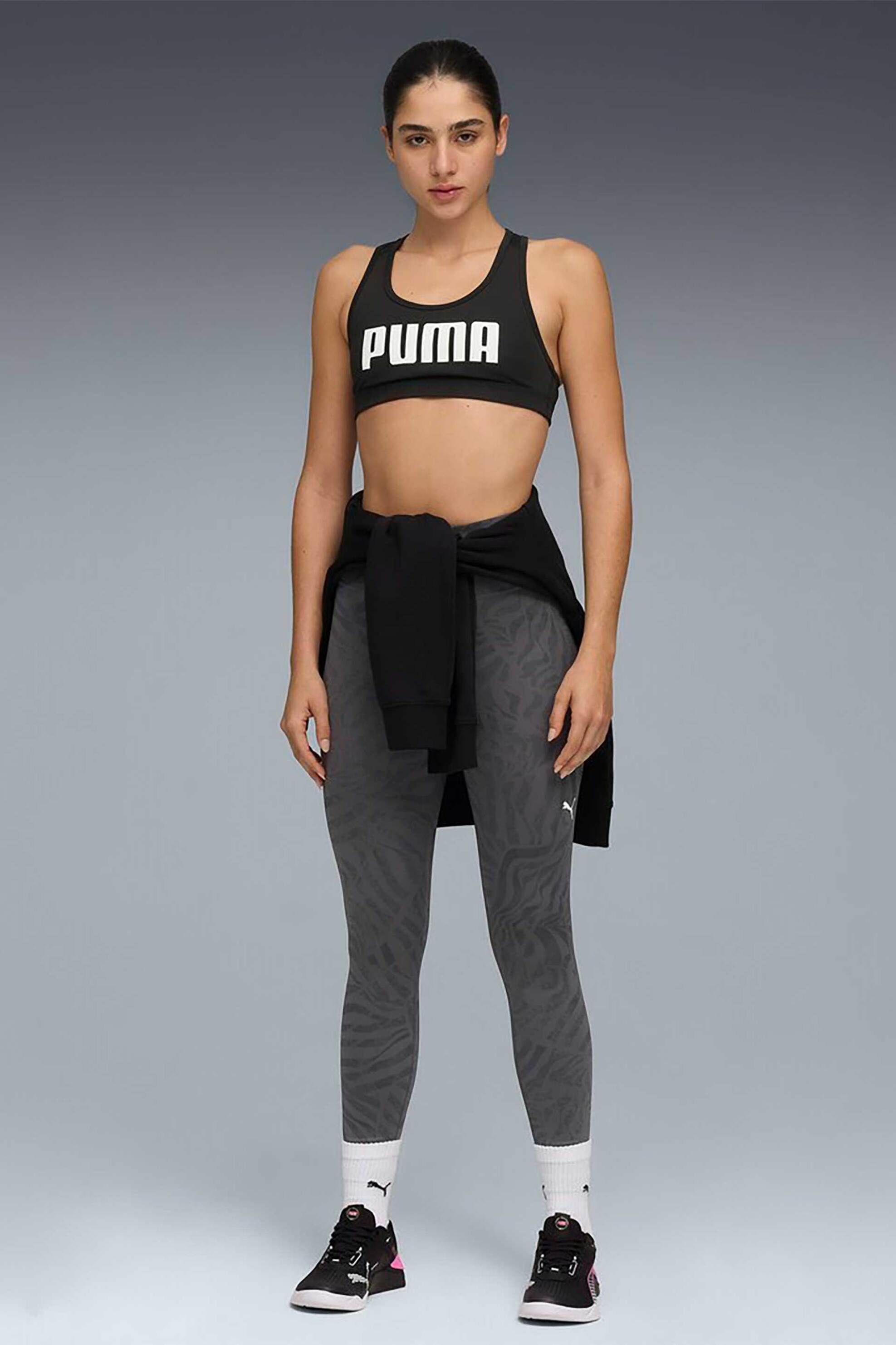 Puma γυναικείο αθλητικό κολάν ψηλόμεσο με λογότυπο Tight Fit "Train All Day Essential Ribbon Stripe" - 528037 Γκρι Σκούρο