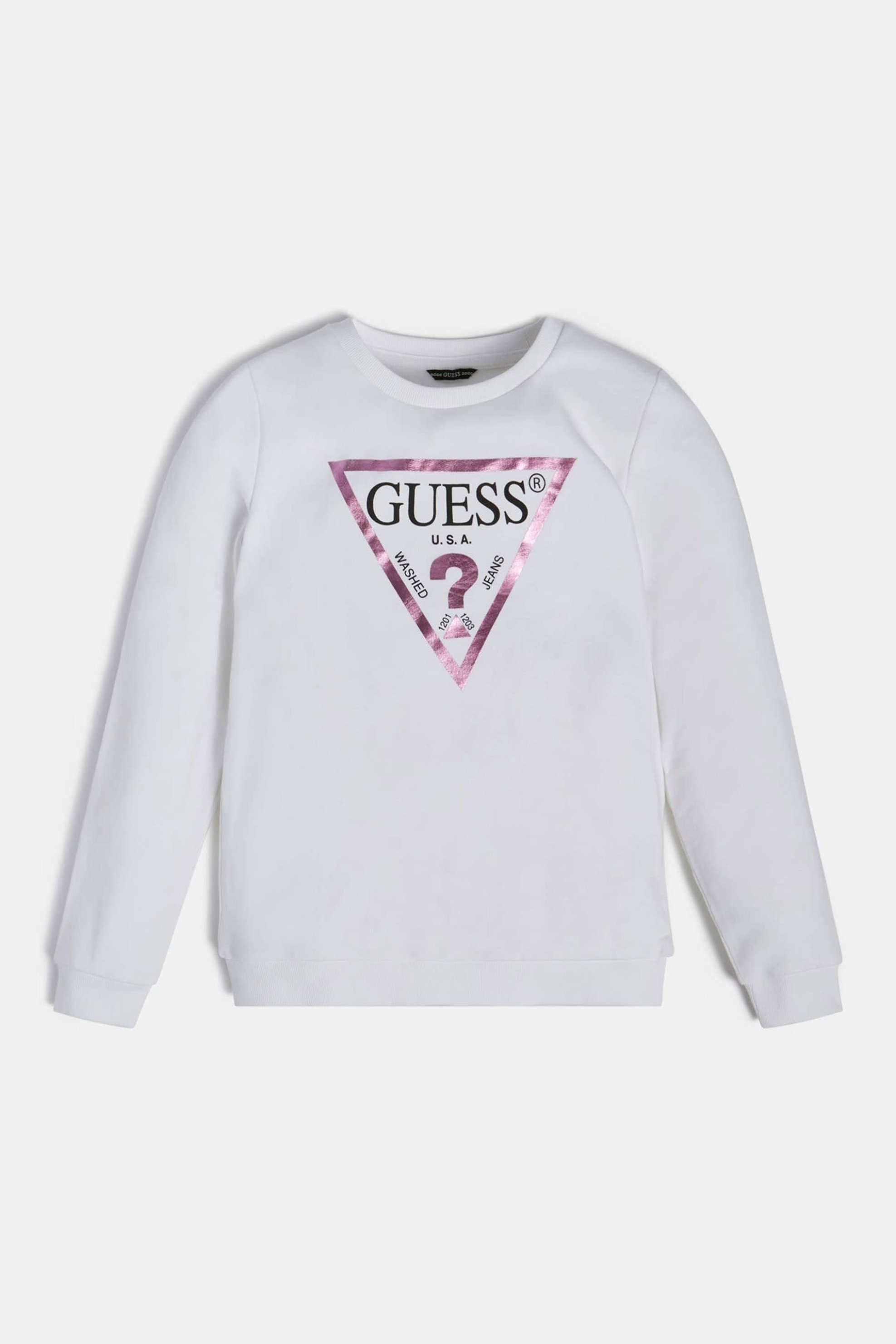 Guess παιδική μπλούζα φούτερ μονόχρωμη με τριγωνικό logo print - K74Q12KAUG0 Λευκό