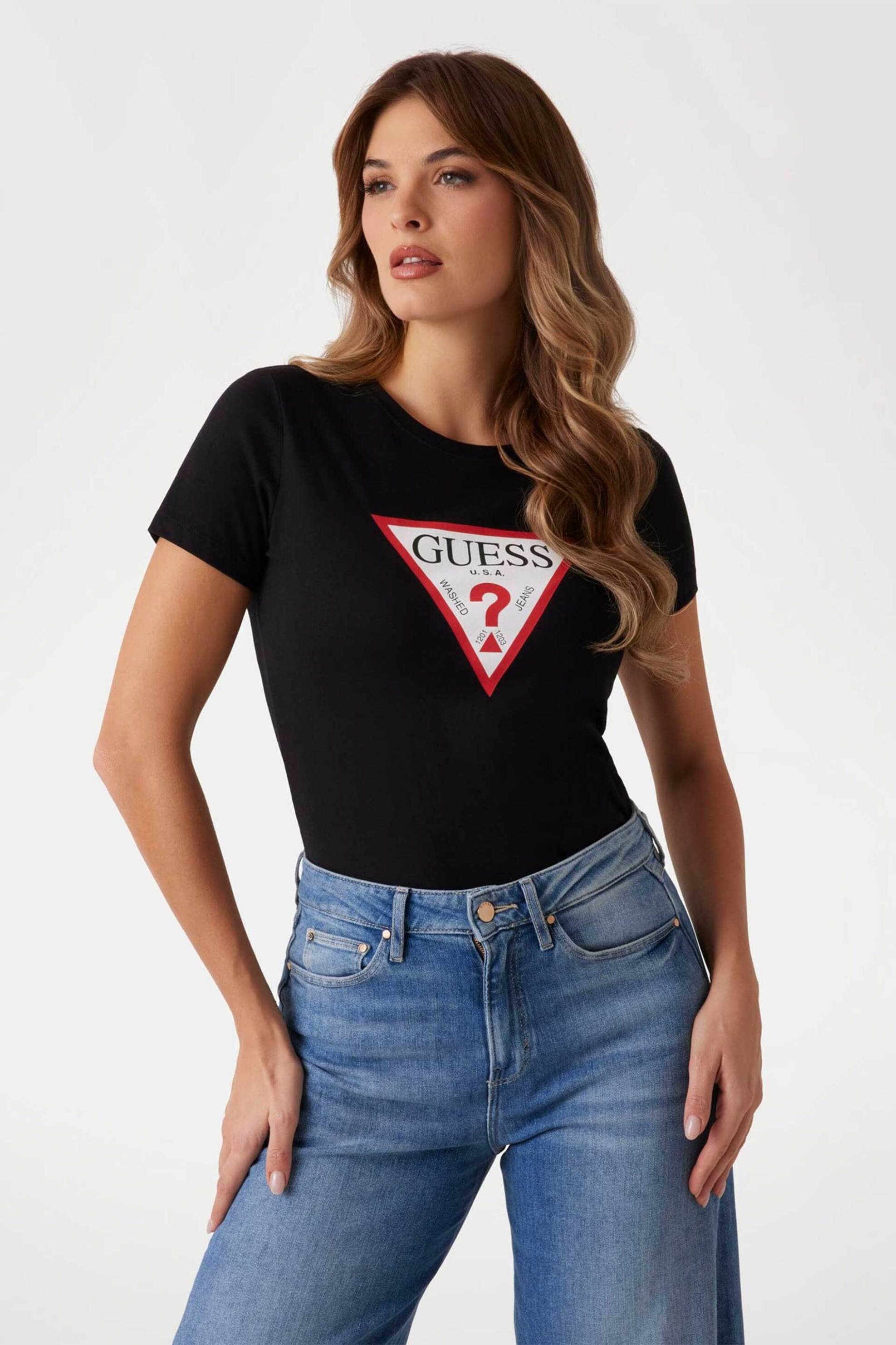 Guess γυναικείο βαμβακερό T-shirt με τριγωνικό λογότυπο μπροστά - W1YI1BI3Z14 Μαύρο
