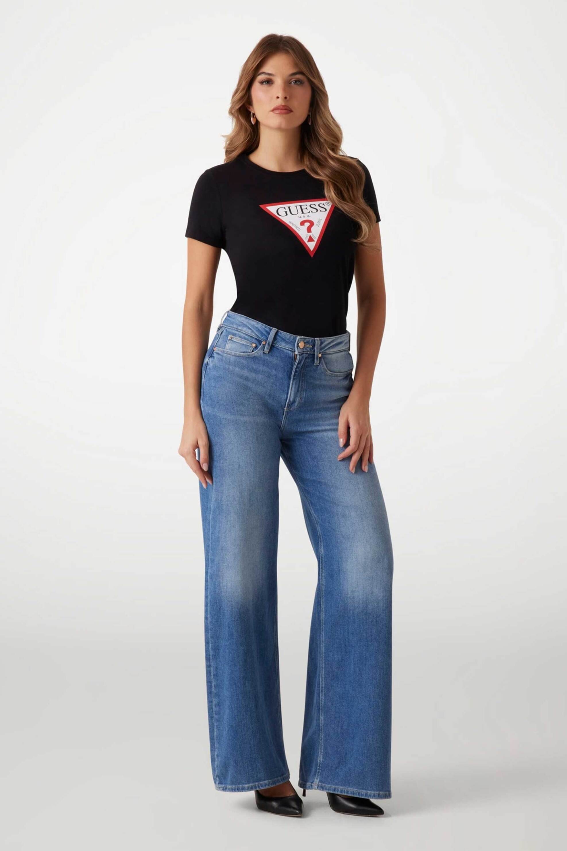 GUESS Guess γυναικείο βαμβακερό T-shirt με τριγωνικό λογότυπο μπροστά - W1YI1BI3Z14 Μαύρο - 3