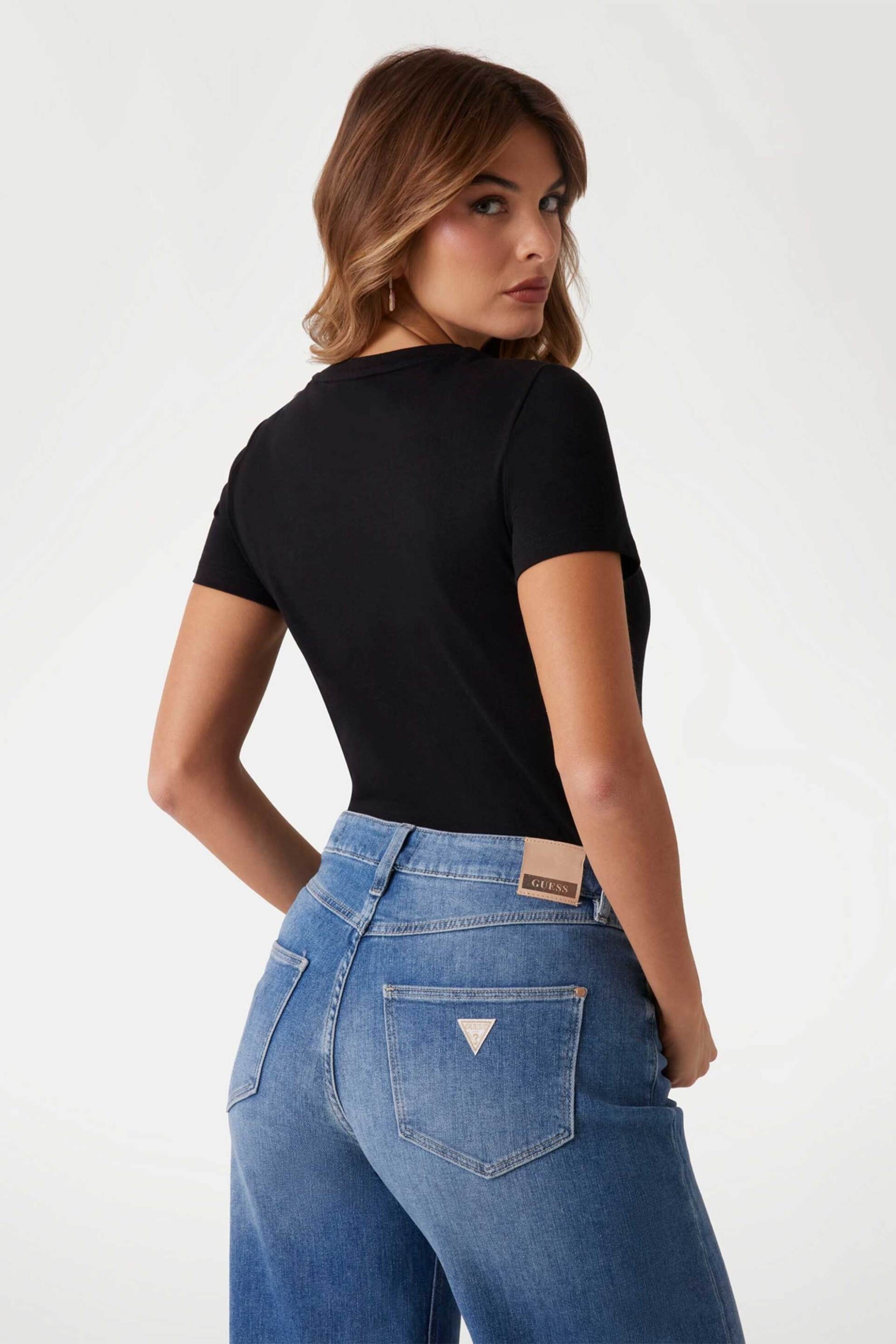 GUESS Guess γυναικείο βαμβακερό T-shirt με τριγωνικό λογότυπο μπροστά - W1YI1BI3Z14 Μαύρο - 4