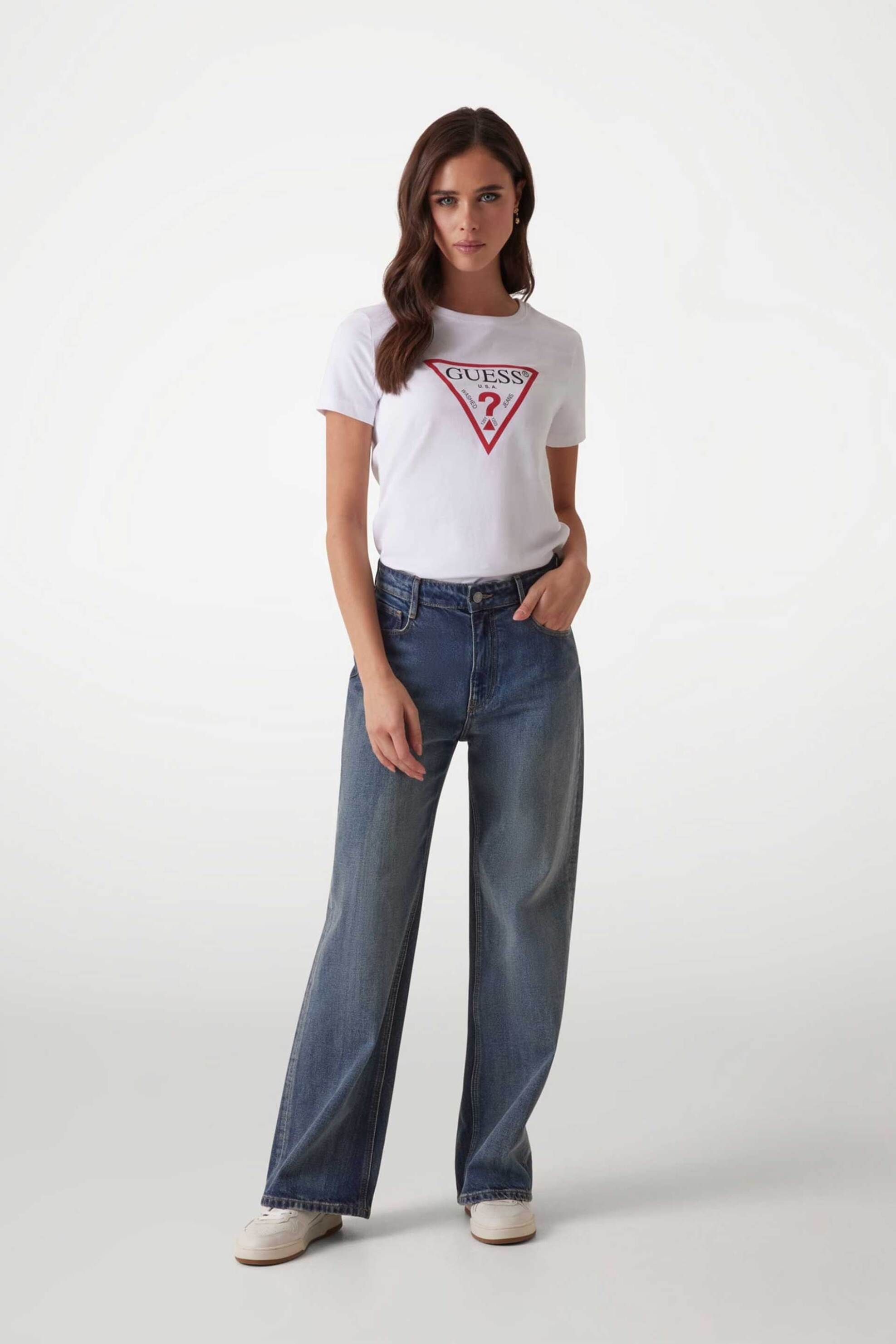 Guess γυναικείο βαμβακερό T-shirt με τριγωνικό λογότυπο μπροστά - W1YI1BI3Z14 Λευκό φωτογραφία