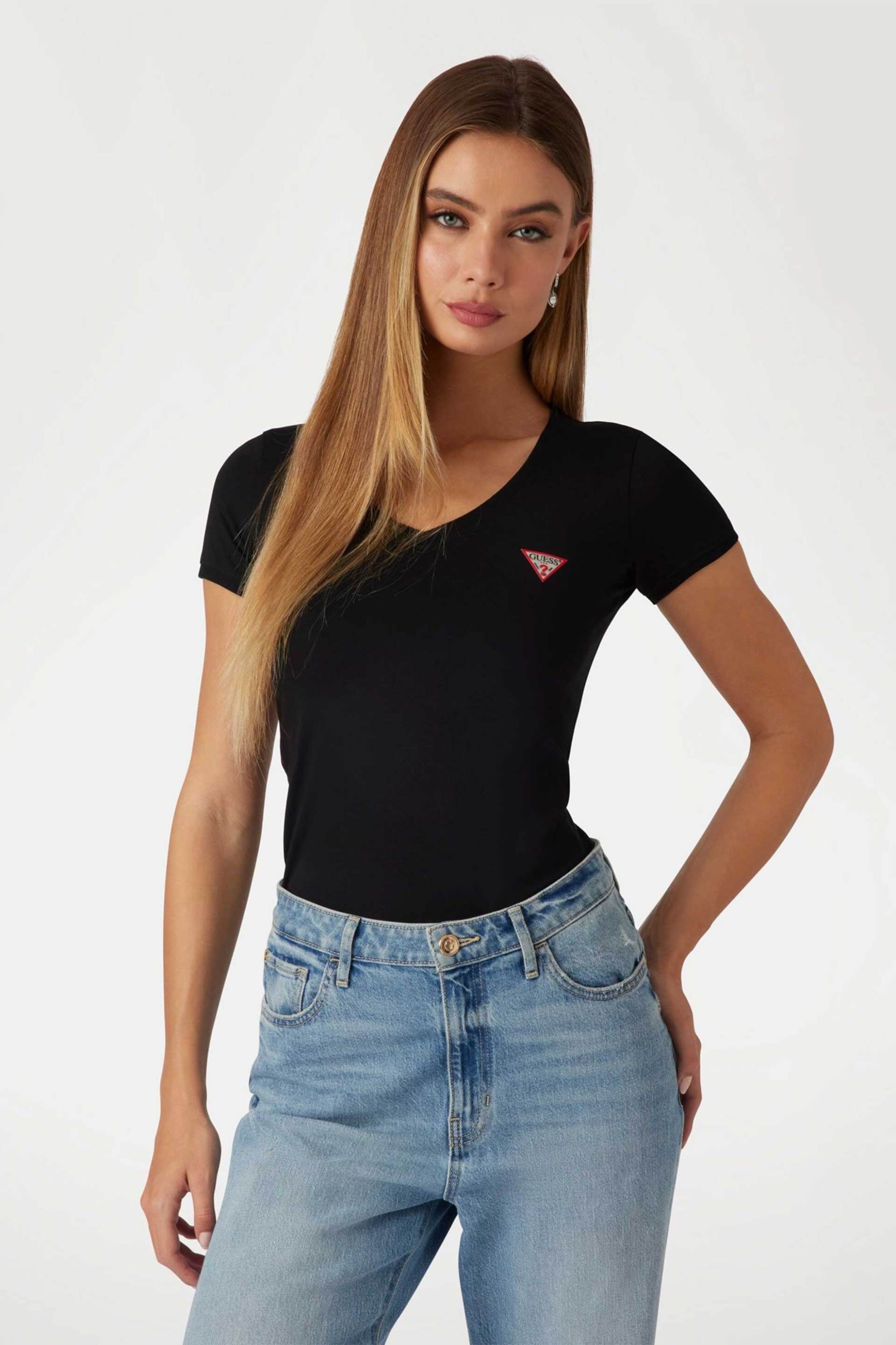 GUESS Guess γυναικείο βαμβακερό T-shirt μονόχρωμο με τριγωνικό λογότυπο στο στήθος - W2YI45J1314 Μαύρο
