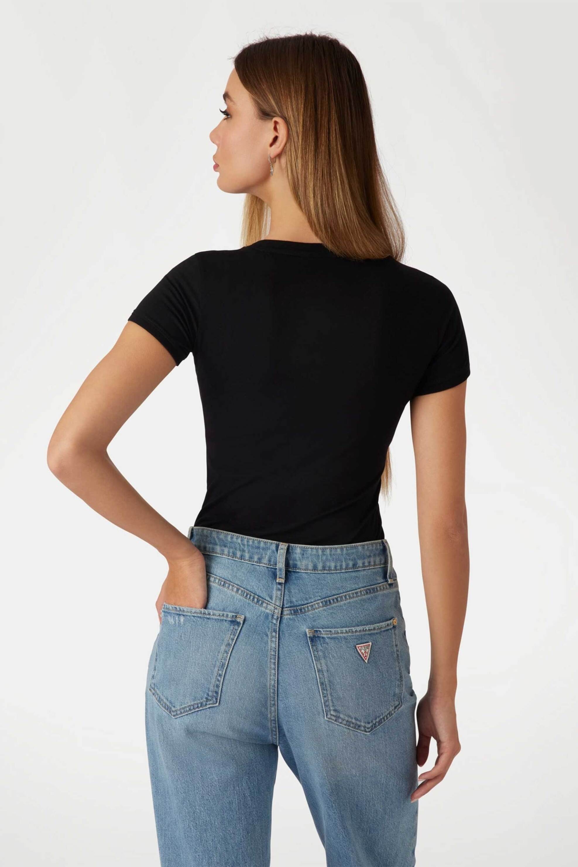 Guess γυναικείο βαμβακερό T-shirt μονόχρωμο με τριγωνικό λογότυπο στο στήθος - W2YI45J1314 Μαύρο φωτογραφία