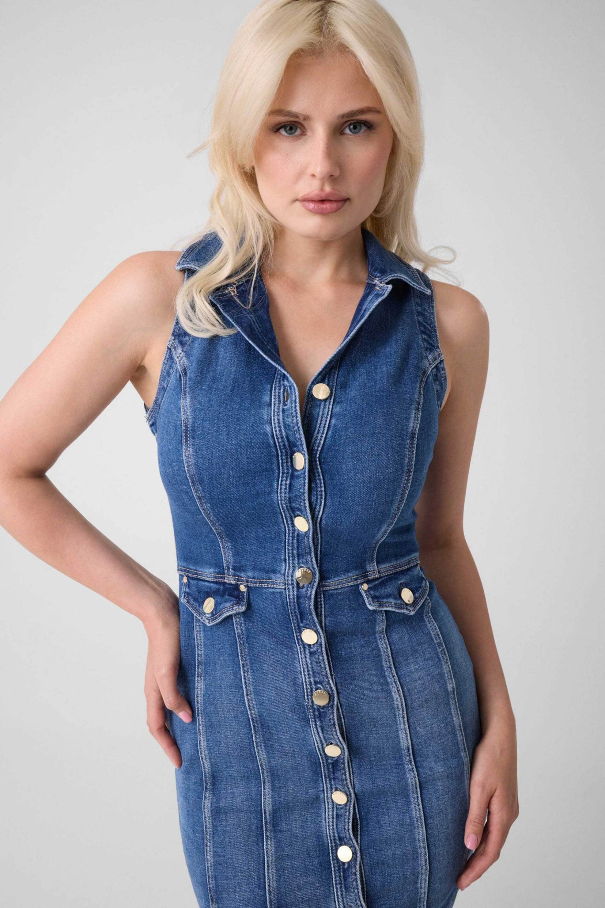 GUESS Guess γυναικείο denim midi φόρεμα αμάνικο σεμιζιέ Fitted "Destiny" - W6YK24D1763 Denim Blue