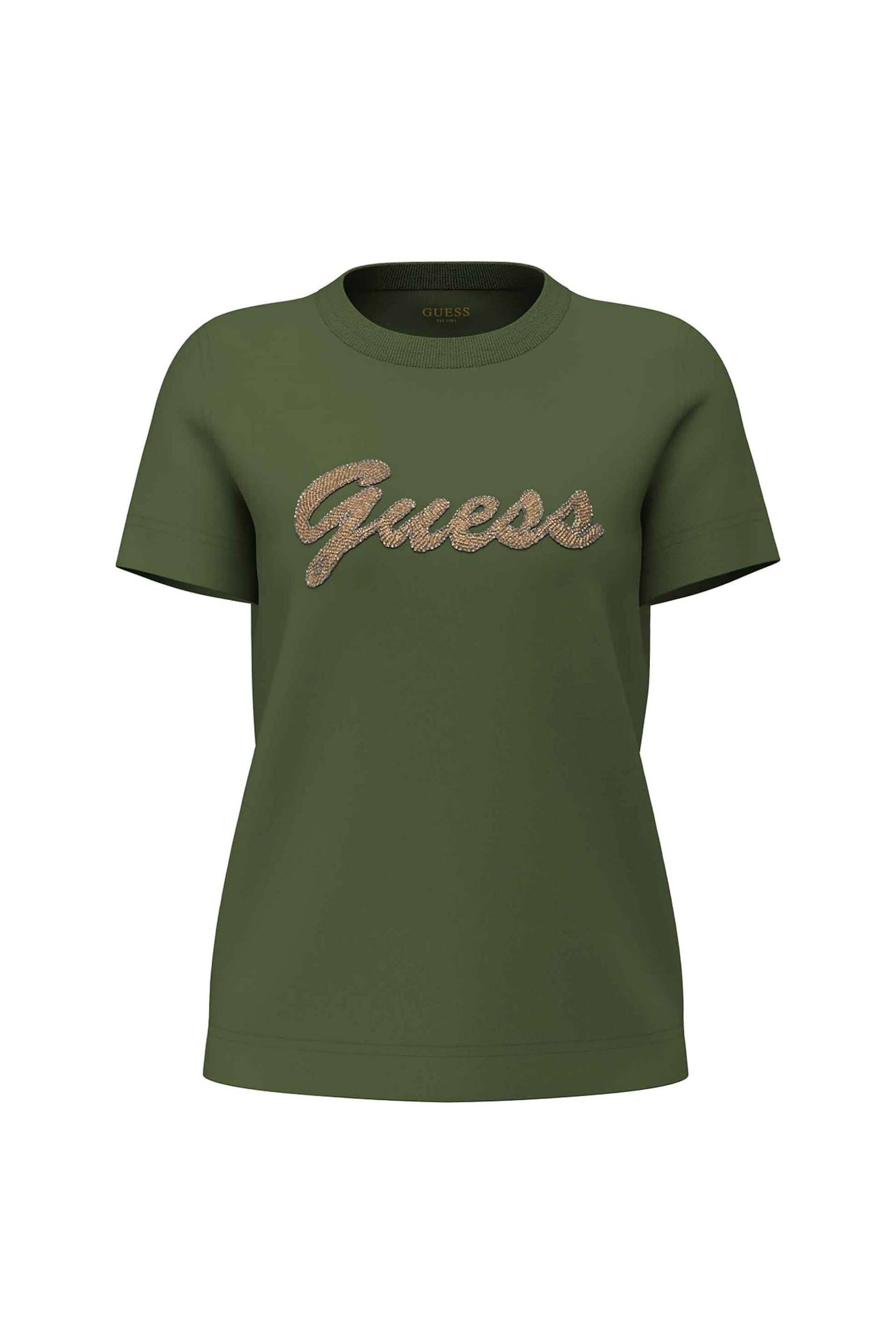 Guess γυναικείο T-shirt με λογότυπο από χάντρες Regular Fit - W6YI29K4348 Λαδί
