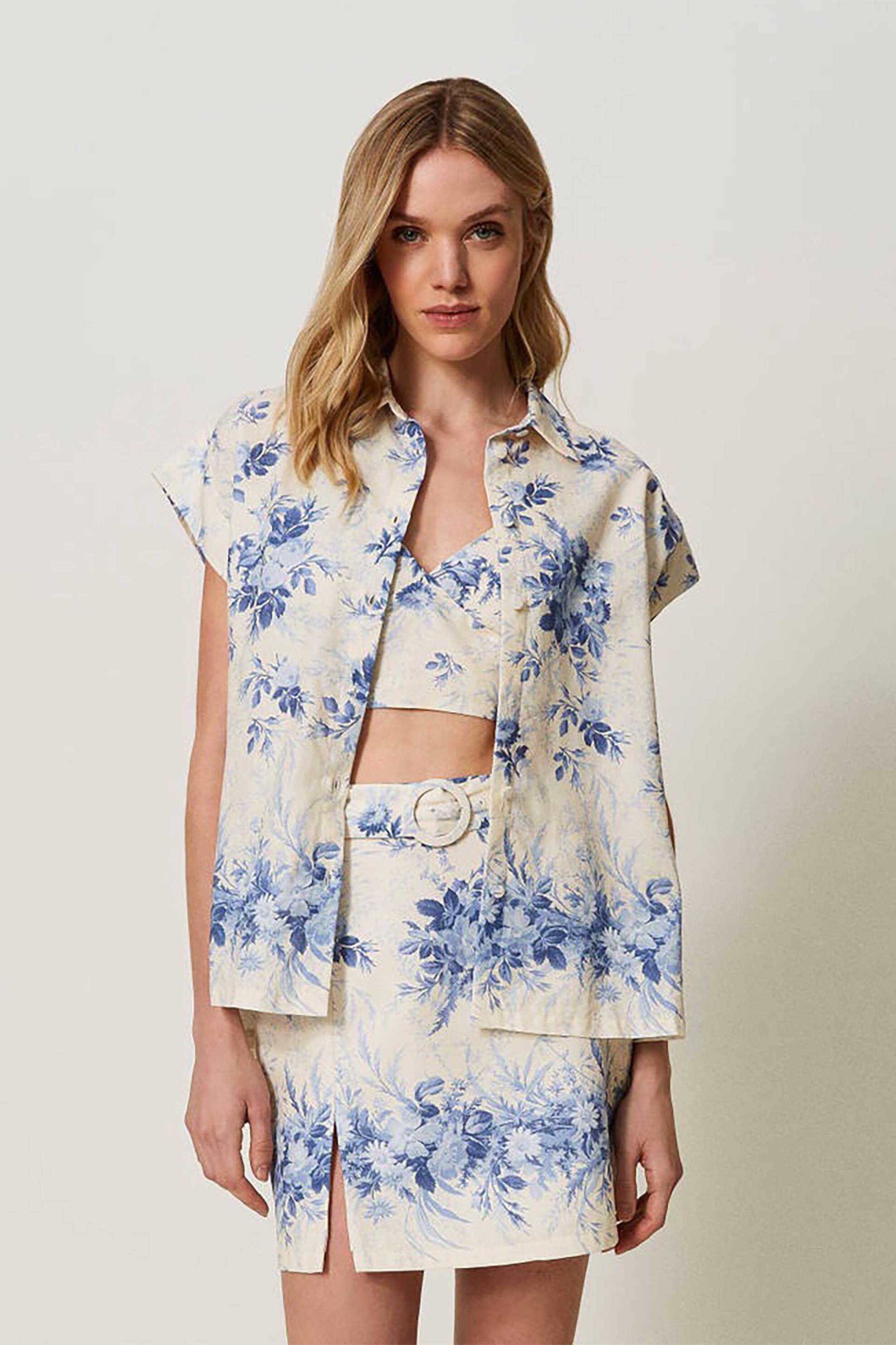  Twinset γυναικείο λινό πουκάμισο με floral print - 241TT2426 Κρέμ 2025