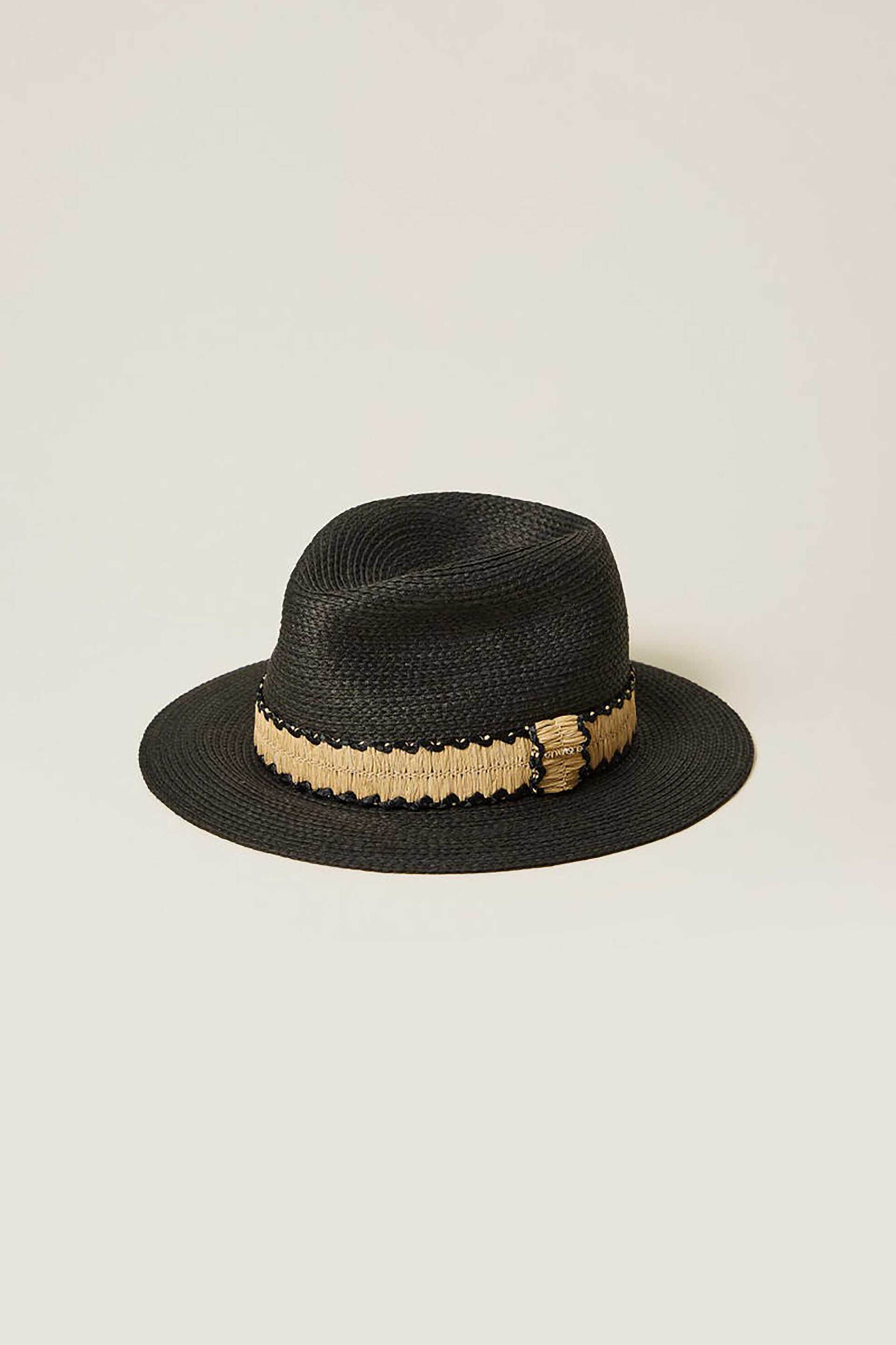 Twinset γυναικείο ψάθινο καπέλο με μεταλλικό λογότυπο - 261TA4060 Μαύρο