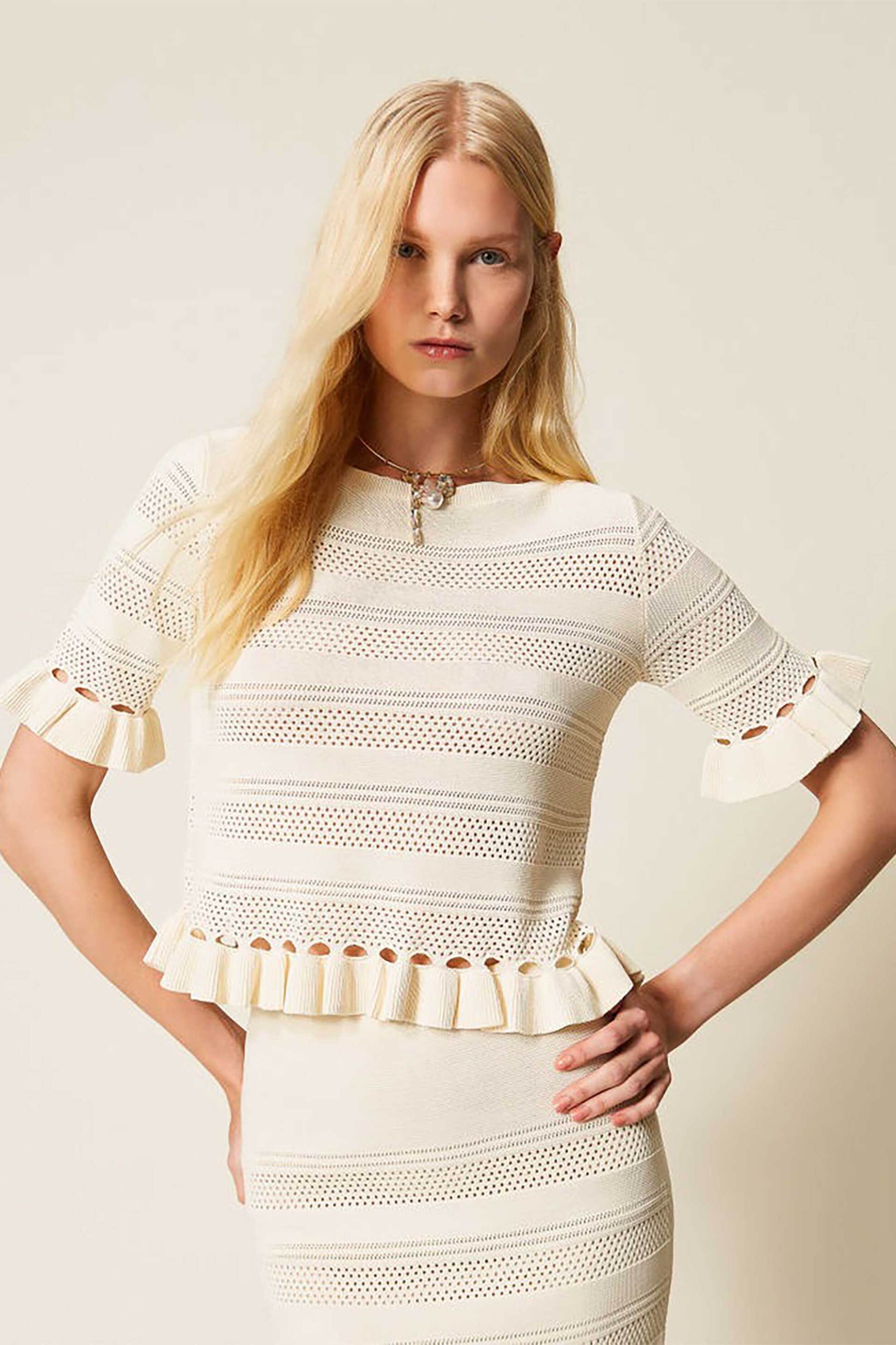 Twinset γυναικείο πλεκτό τοπ με βολάν - 261TP3082 Εκρού