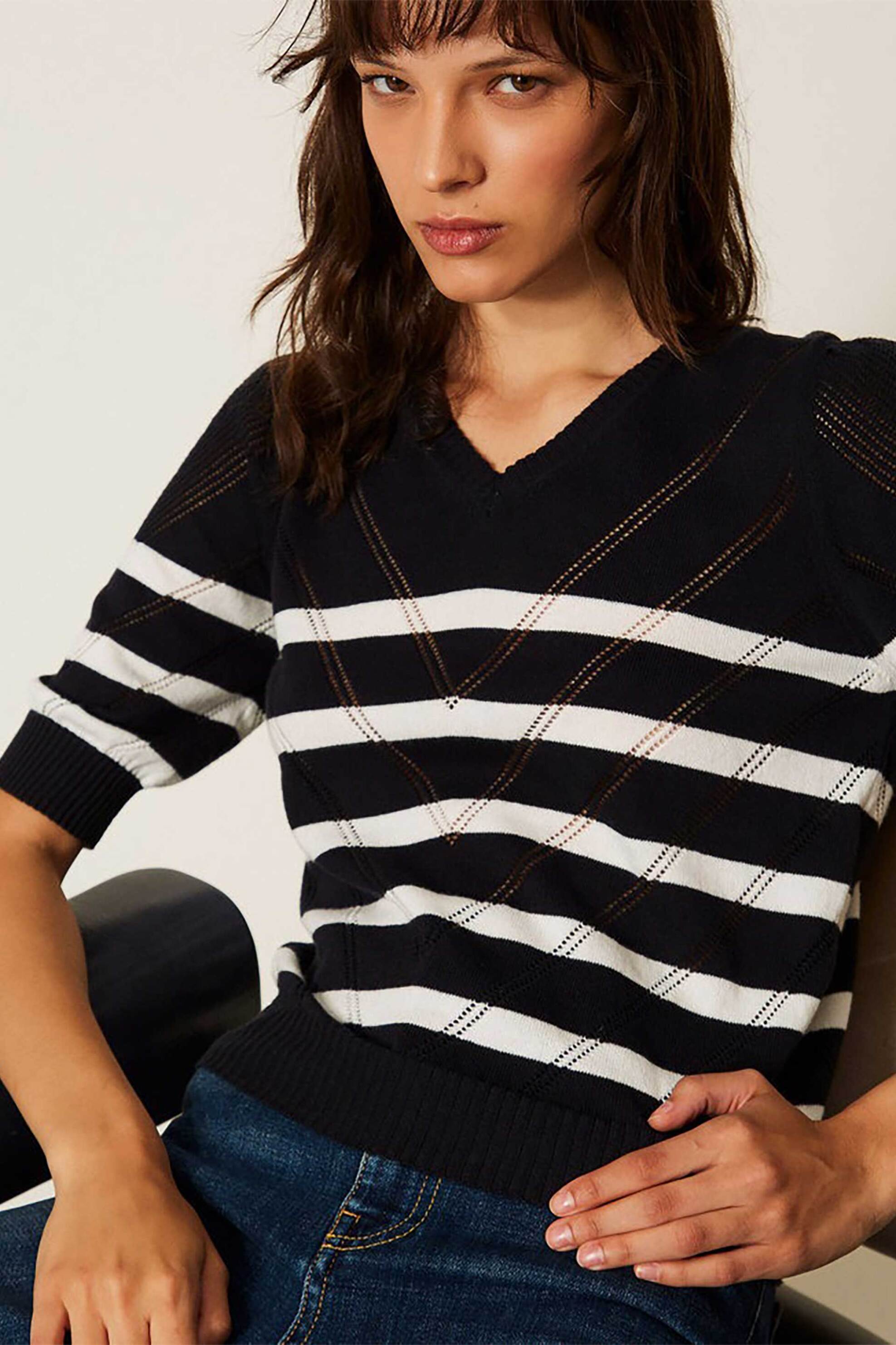 Twinset γυναικεία πλεκτή μπλούζα ριγέ - 261TP3231 Μπλε Σκούρο