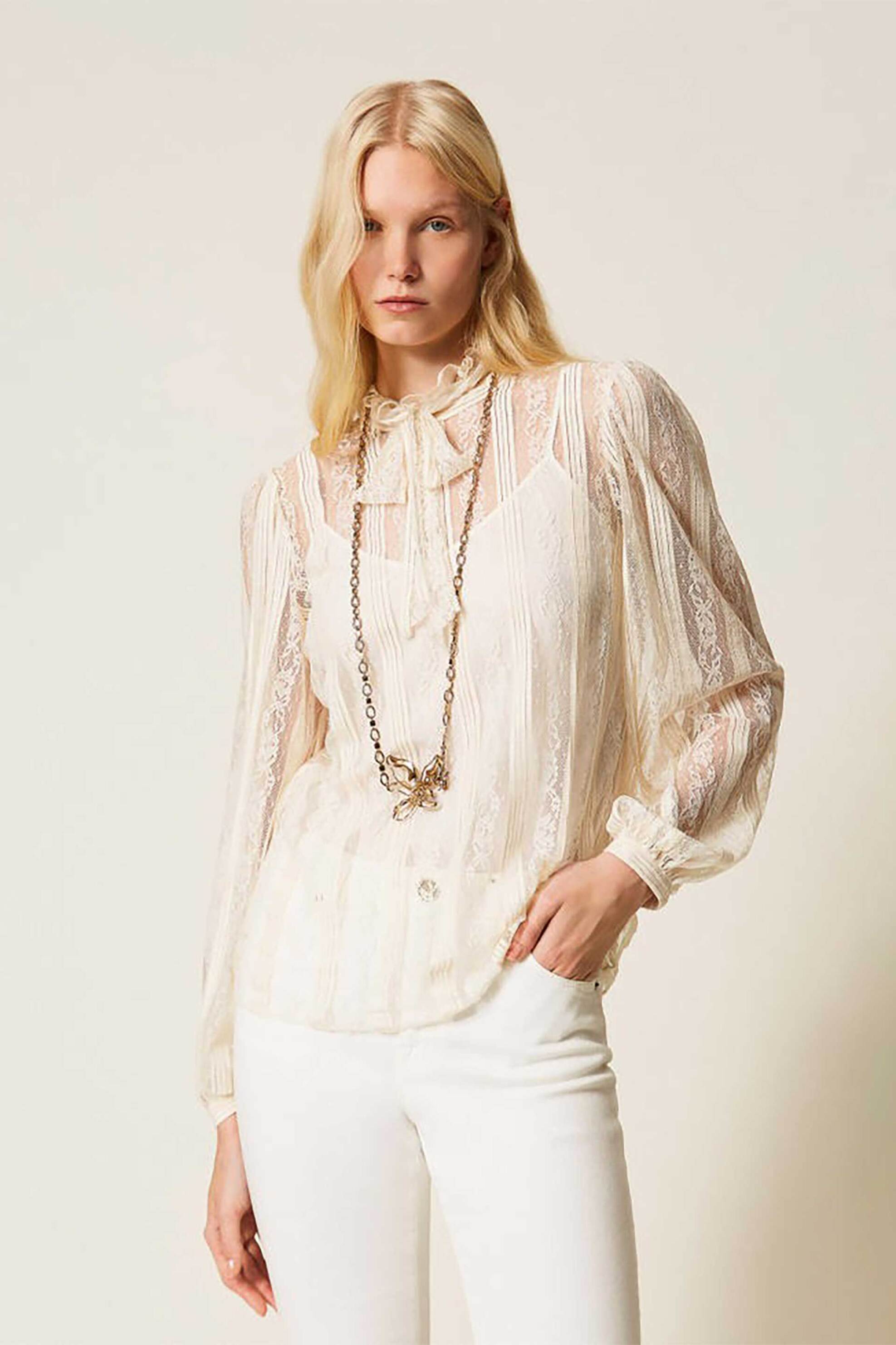 TWINSET Twinset γυναικεία μπλούζα δαντέλα με φιόγκο - 261TP2541 Εκρού