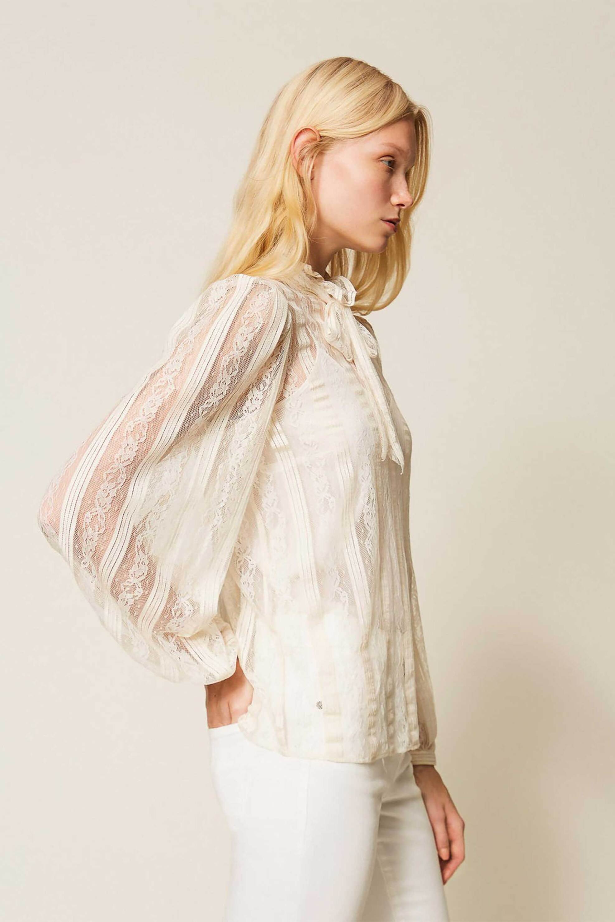 Twinset γυναικεία μπλούζα δαντέλα με φιόγκο - 261TP2541 Εκρού φωτογραφία