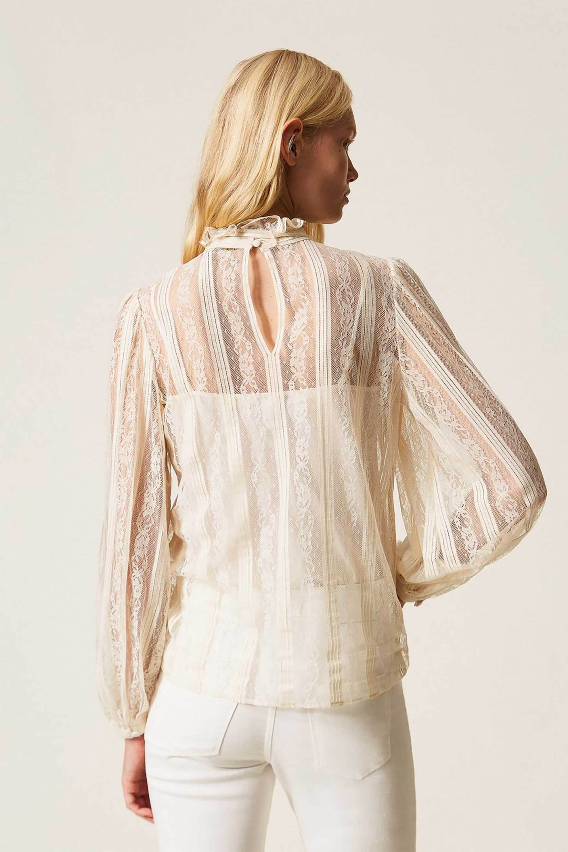 Twinset γυναικεία μπλούζα δαντέλα με φιόγκο - 261TP2541 Εκρού φωτογραφία