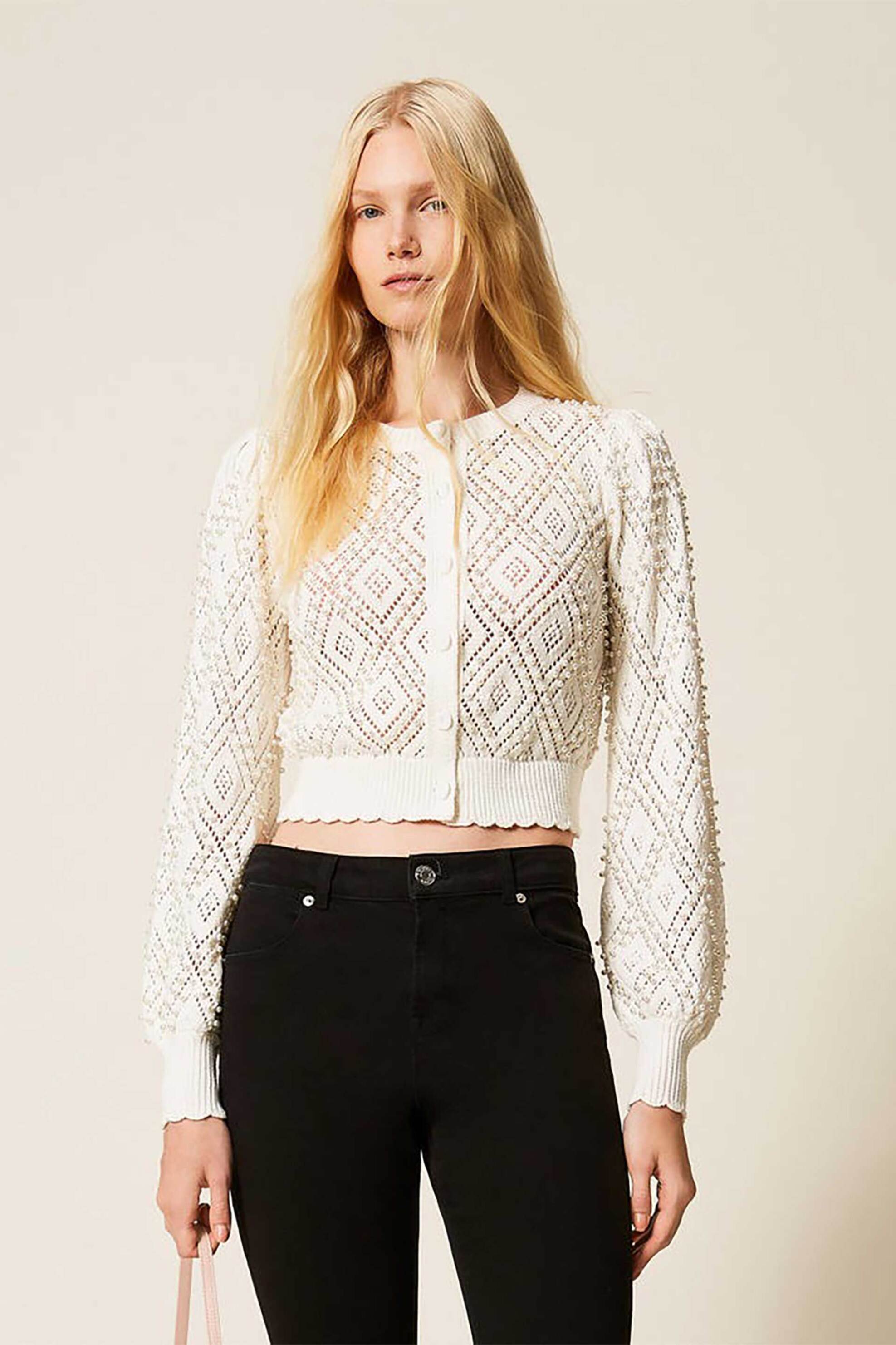 TWINSET Twinset γυναικεία πλεκτή ζακέτα με διάτρητο σχέδιο - 261TP3203 Εκρού