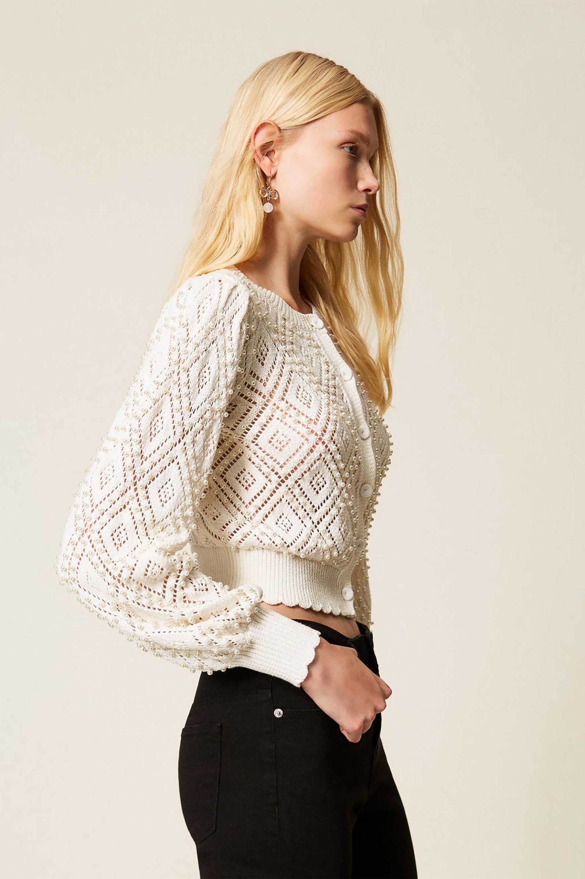 Twinset γυναικεία πλεκτή ζακέτα με διάτρητο σχέδιο - 261TP3203 Εκρού φωτογραφία