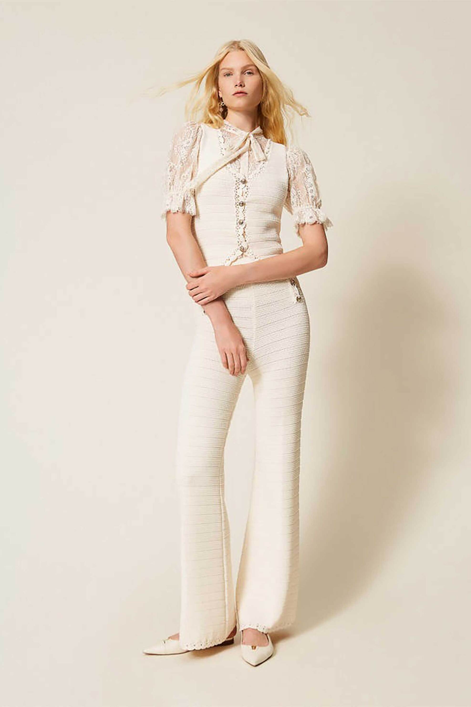 TWINSET Twinset γυναικεία μπλούζα δαντέλα με φιόγκο - 261TP2625 Εκρού - 2