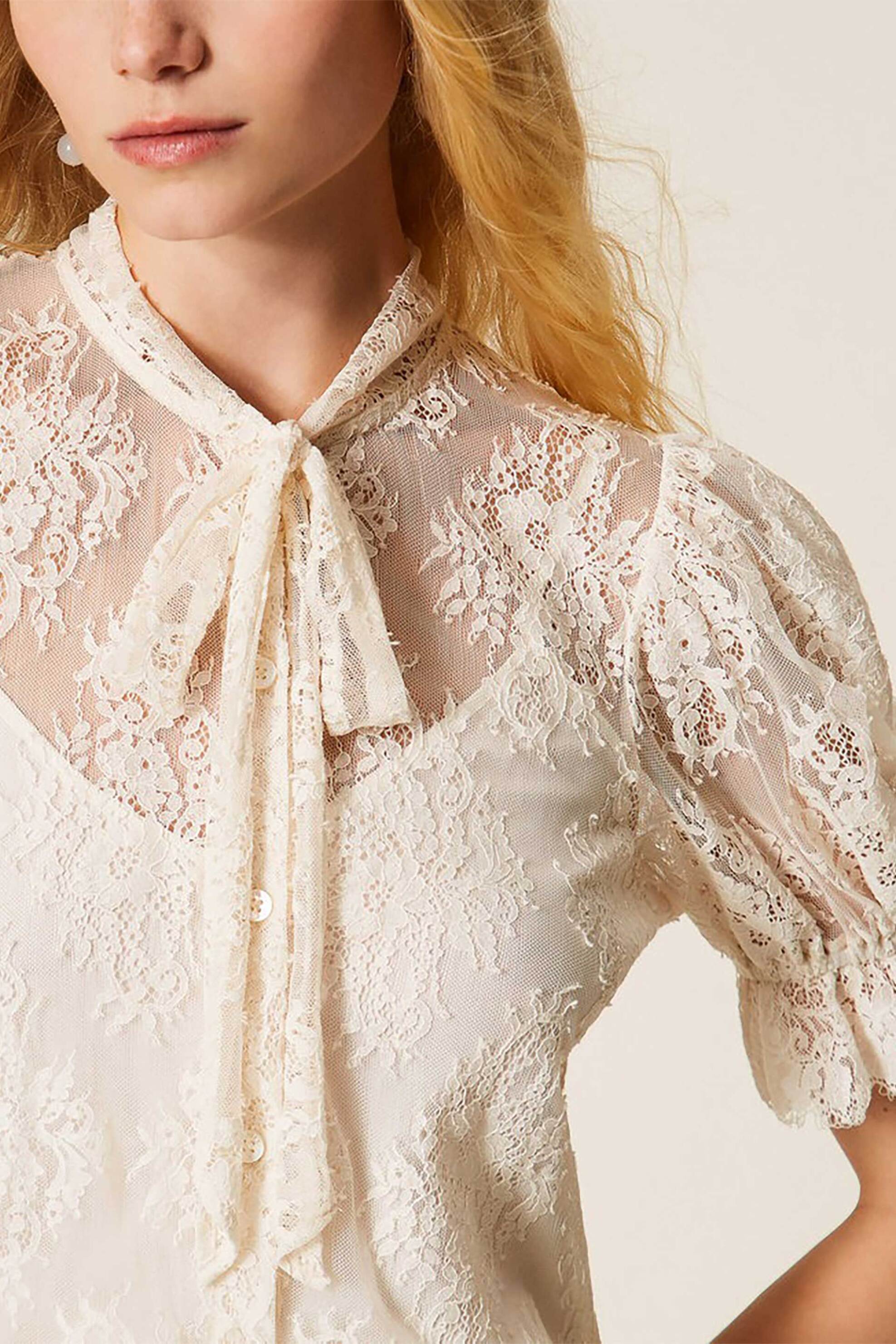 TWINSET Twinset γυναικεία μπλούζα δαντέλα με φιόγκο - 261TP2625 Εκρού - 3