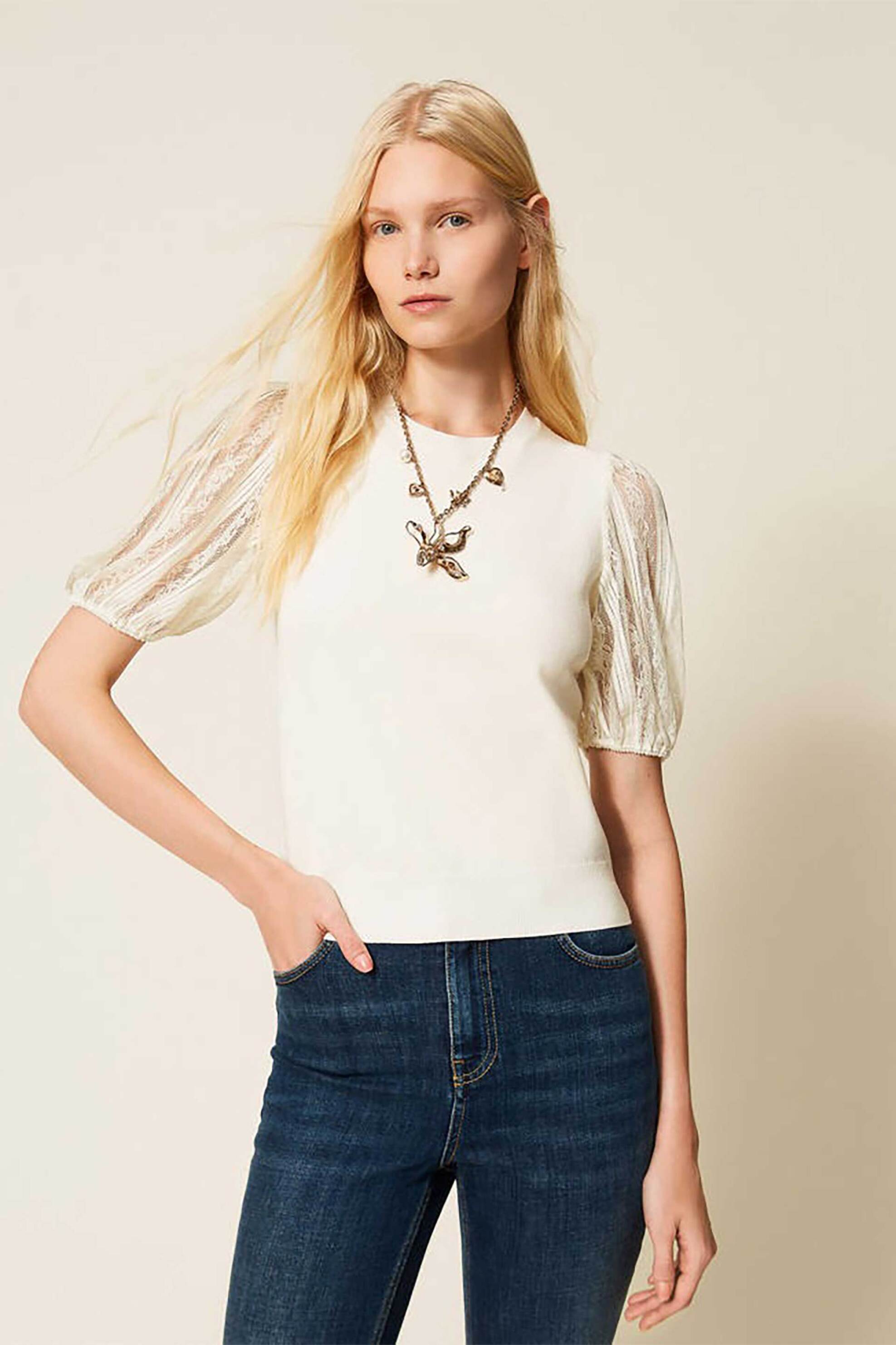 Twinset γυναικεία μπλούζα με μανίκια δαντέλα - 261TP3431 Εκρού