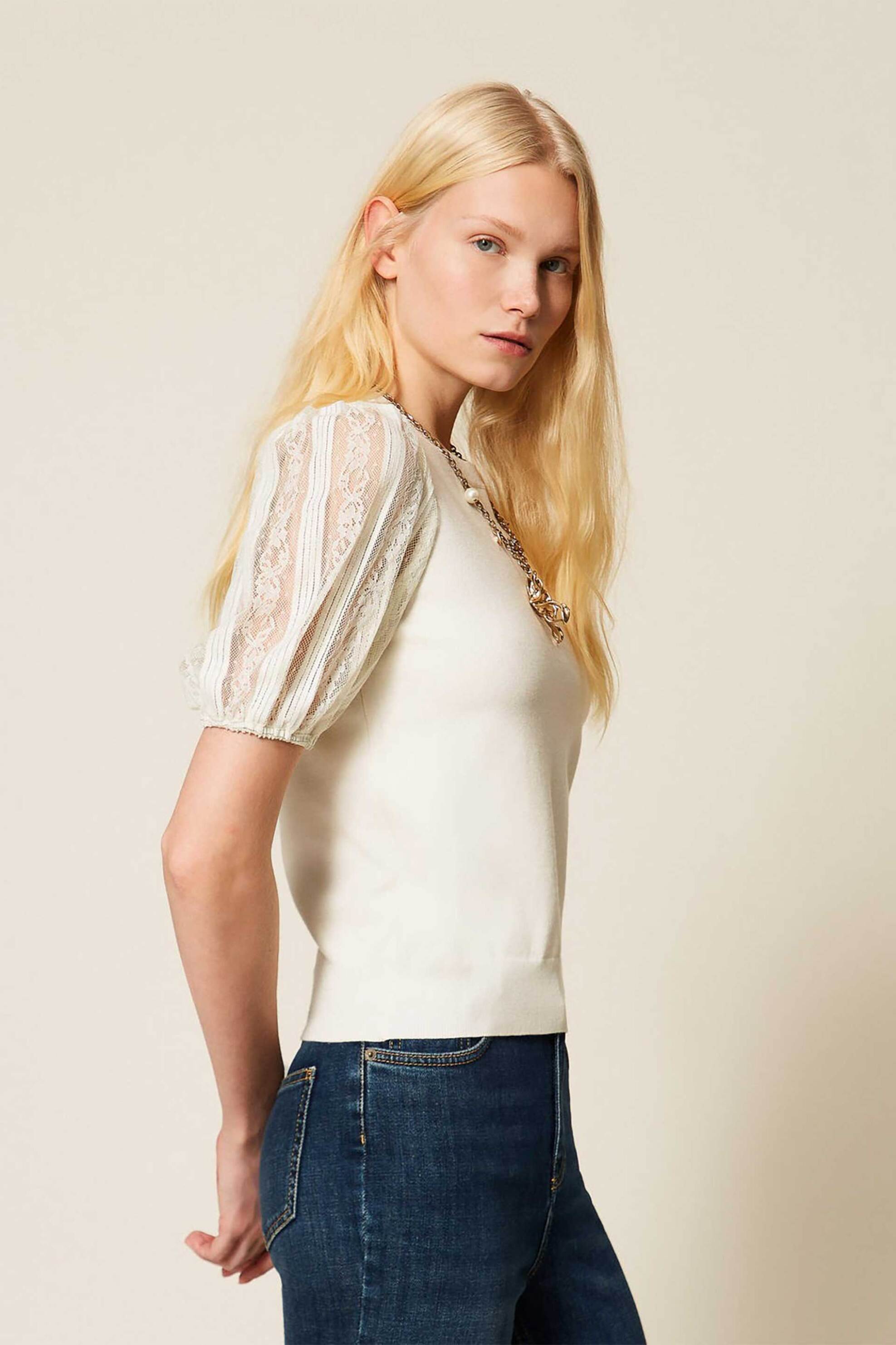 TWINSET Twinset γυναικεία μπλούζα με μανίκια δαντέλα - 261TP3431 Εκρού - 2