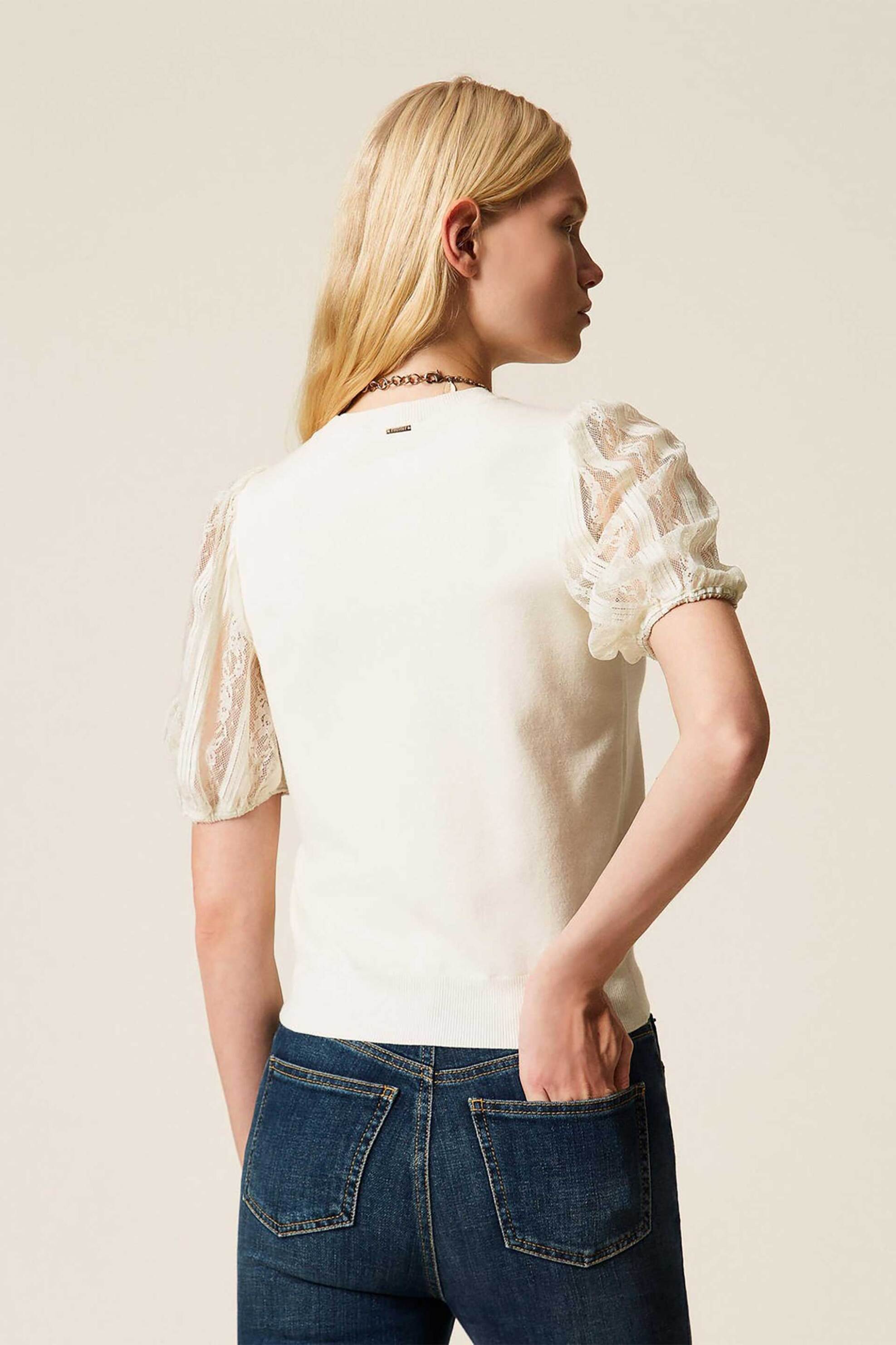 TWINSET Twinset γυναικεία μπλούζα με μανίκια δαντέλα - 261TP3431 Εκρού - 3