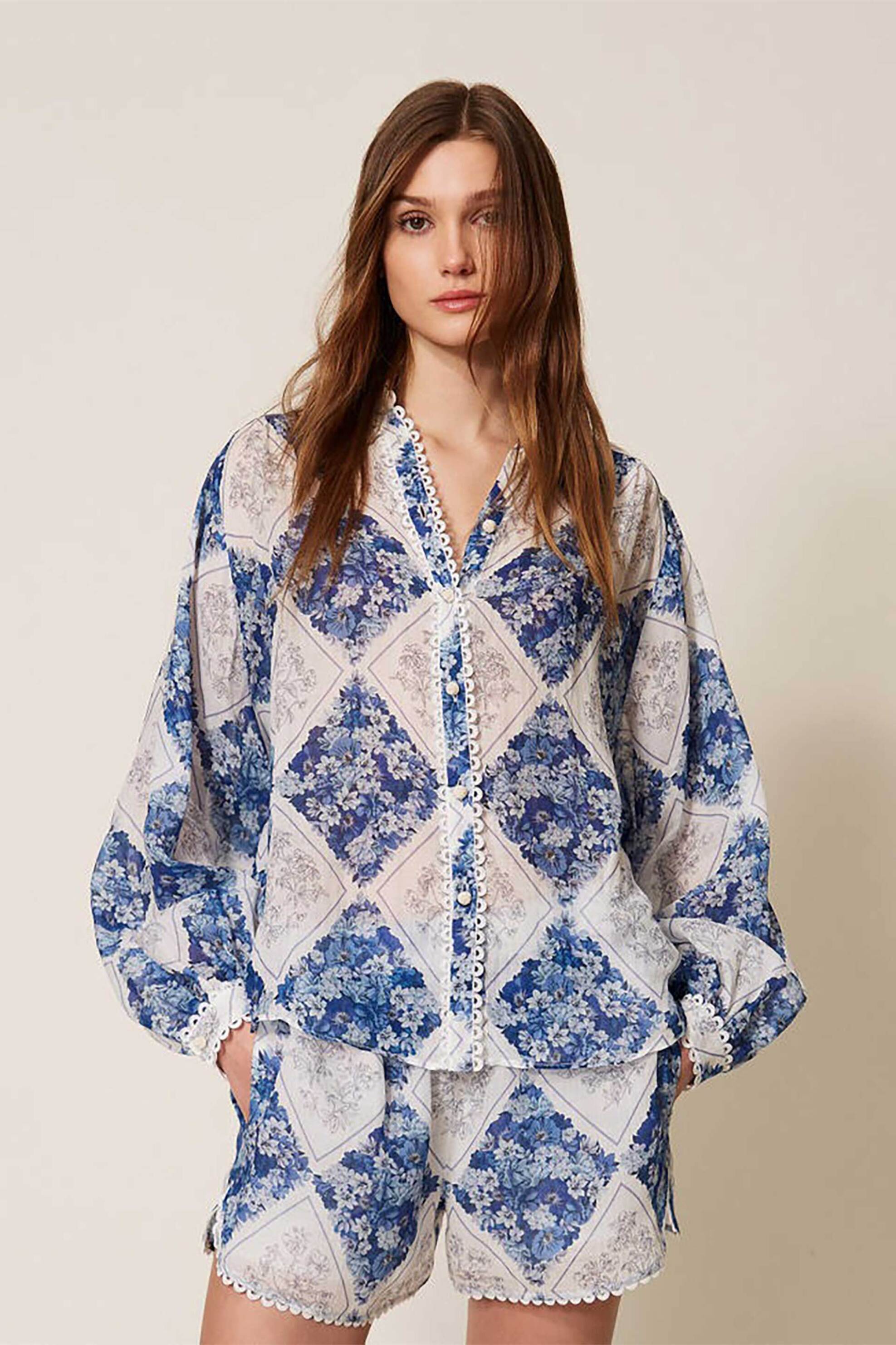 Twinset γυναικείο πουκάμισο με floral print - 261TP213E Γαλάζιο