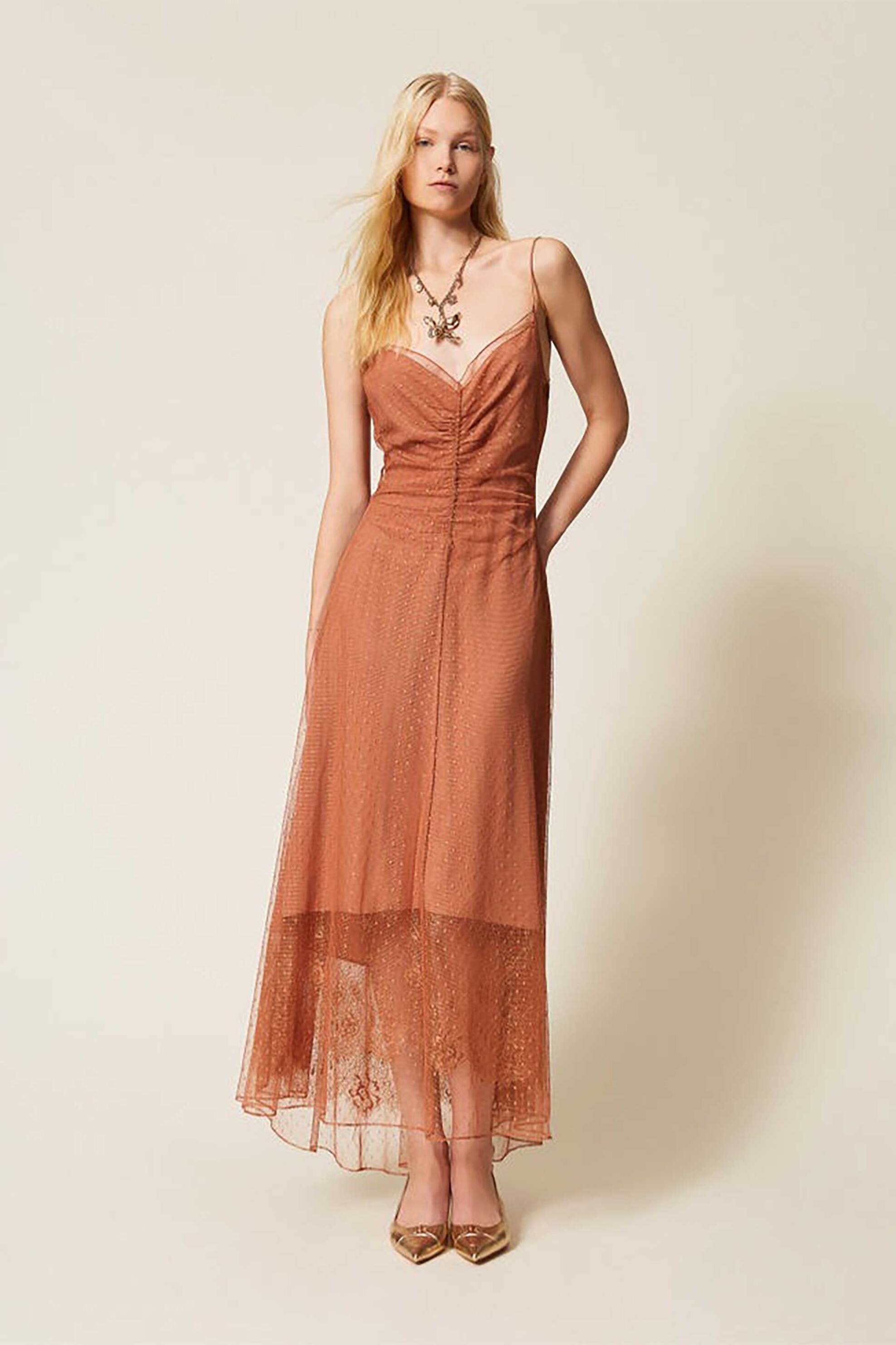 Twinset γυναικείο maxi φόρεμα με τούλι - 261TP2360 Κεραμιδί