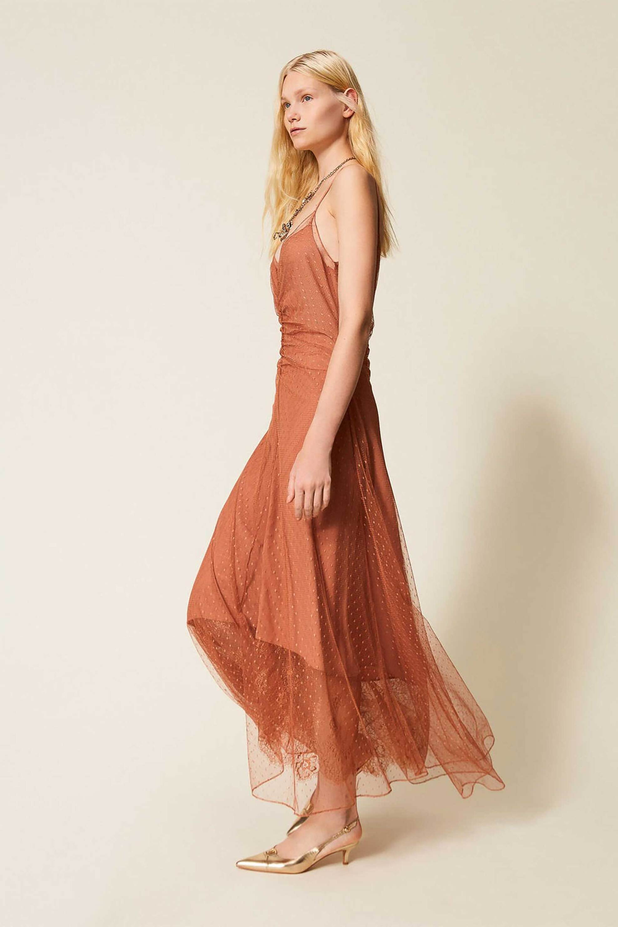 TWINSET Twinset γυναικείο maxi φόρεμα με τούλι - 261TP2360 Κεραμιδί - 3