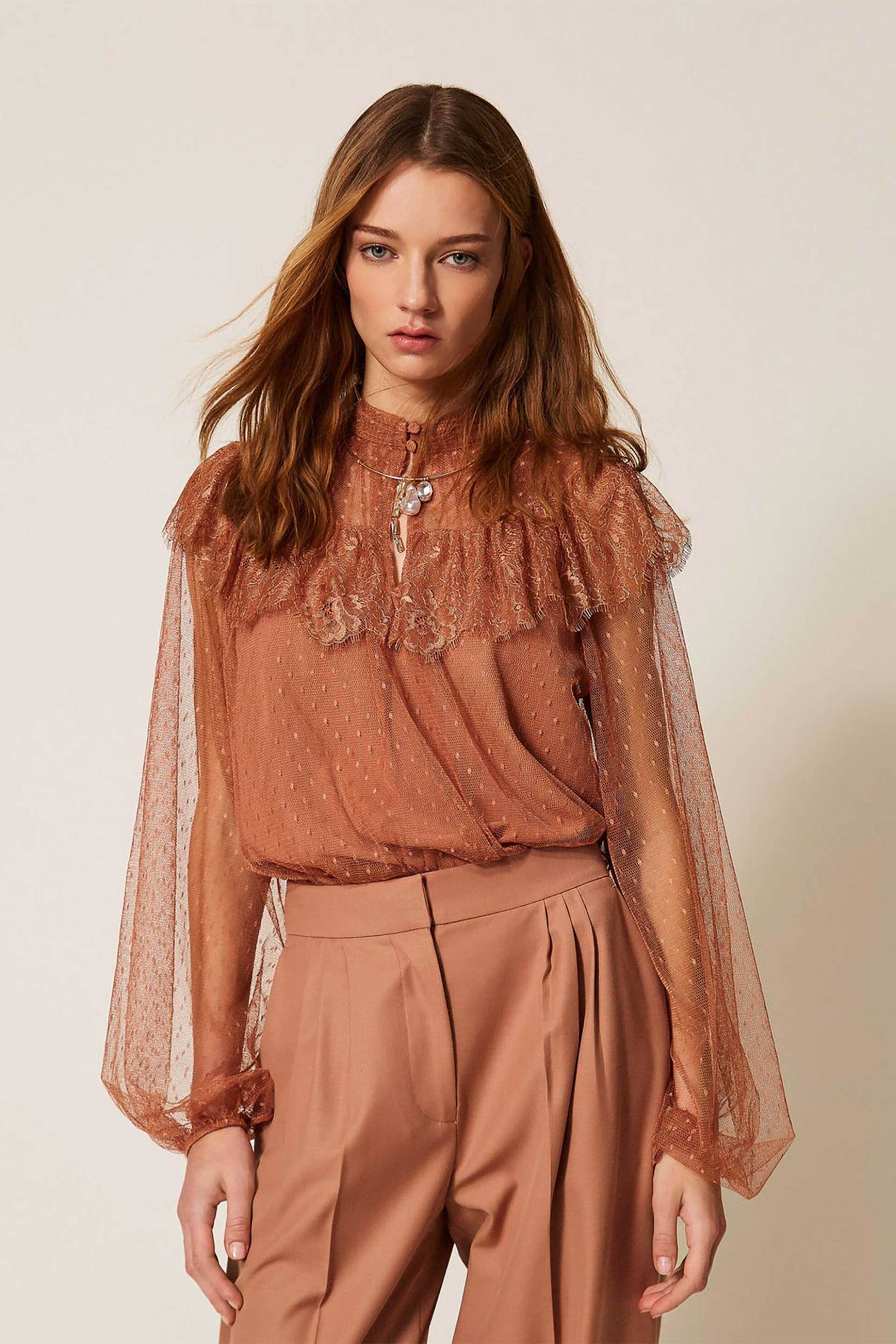 Twinset γυναικεία μπλούζα από τούλι με φιόγκο - 261TP2772 Κεραμιδί