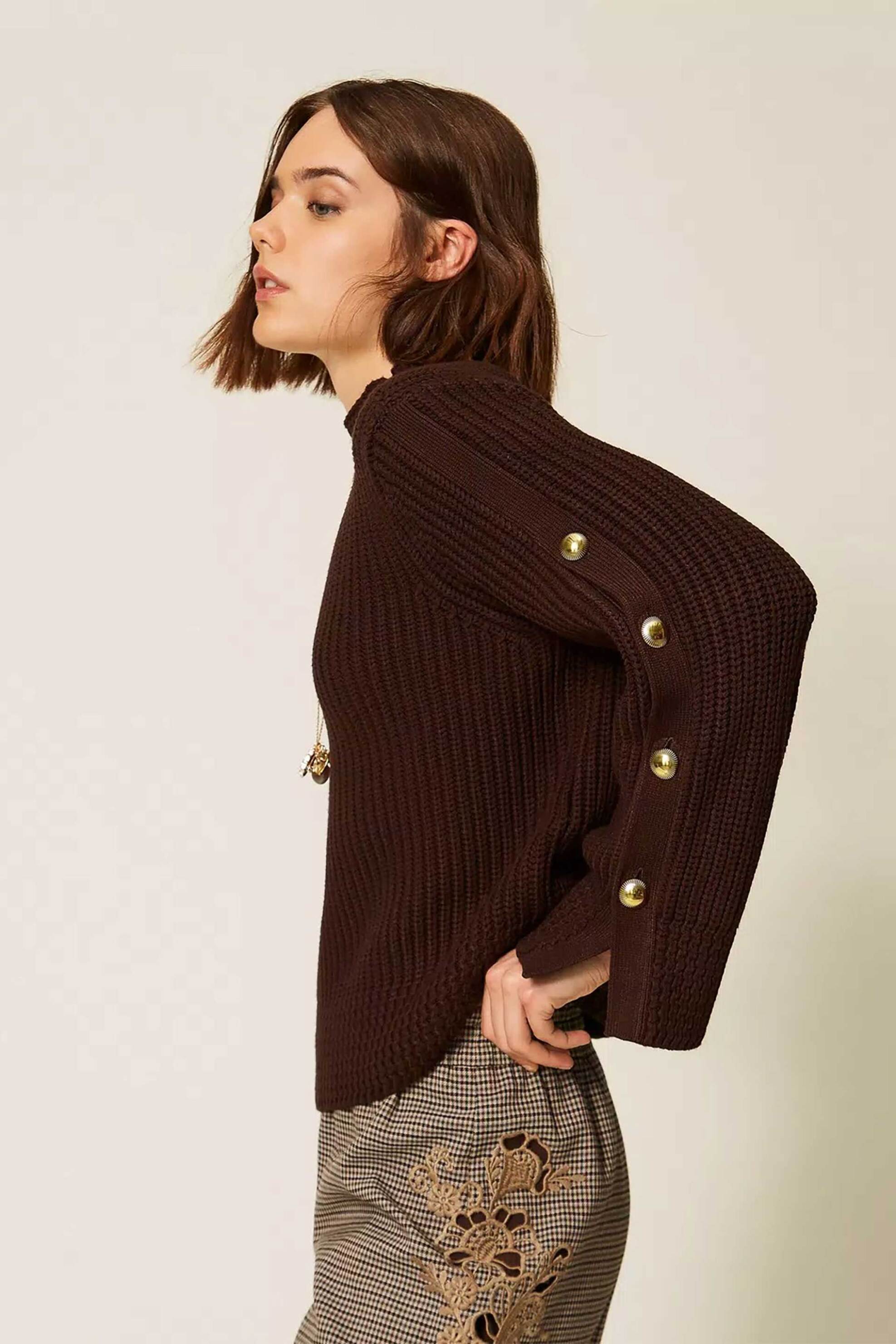 TWINSET Twinset γυναικεία μπλούζα πλεκτή με χρυσά κουμπιά - 262TP3170 Μπλε Σκούρο - 3