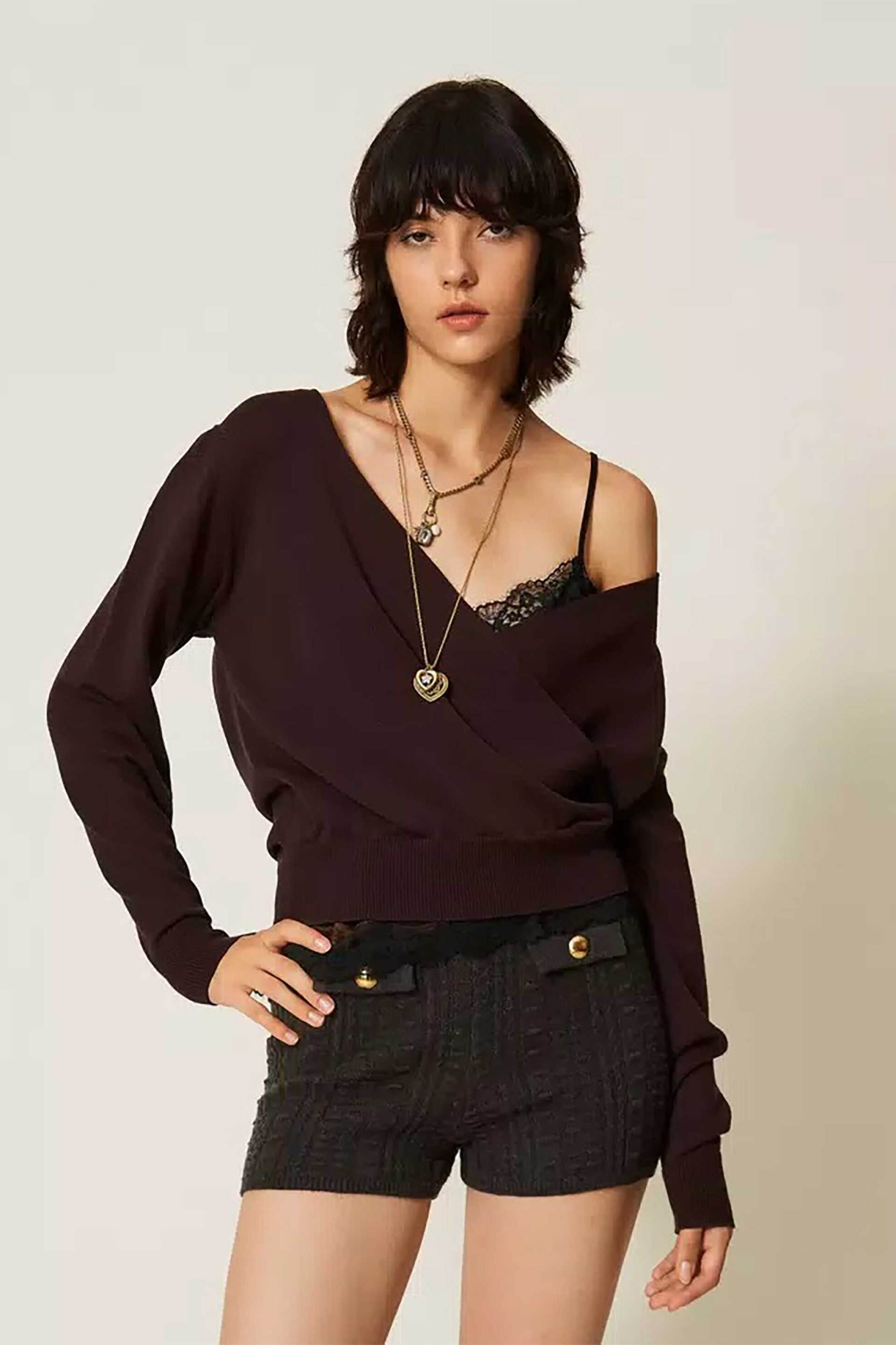 TWINSET Twinset γυναικεία μπλούζα πλεκτή crossover - 262TT3331 Καφέ