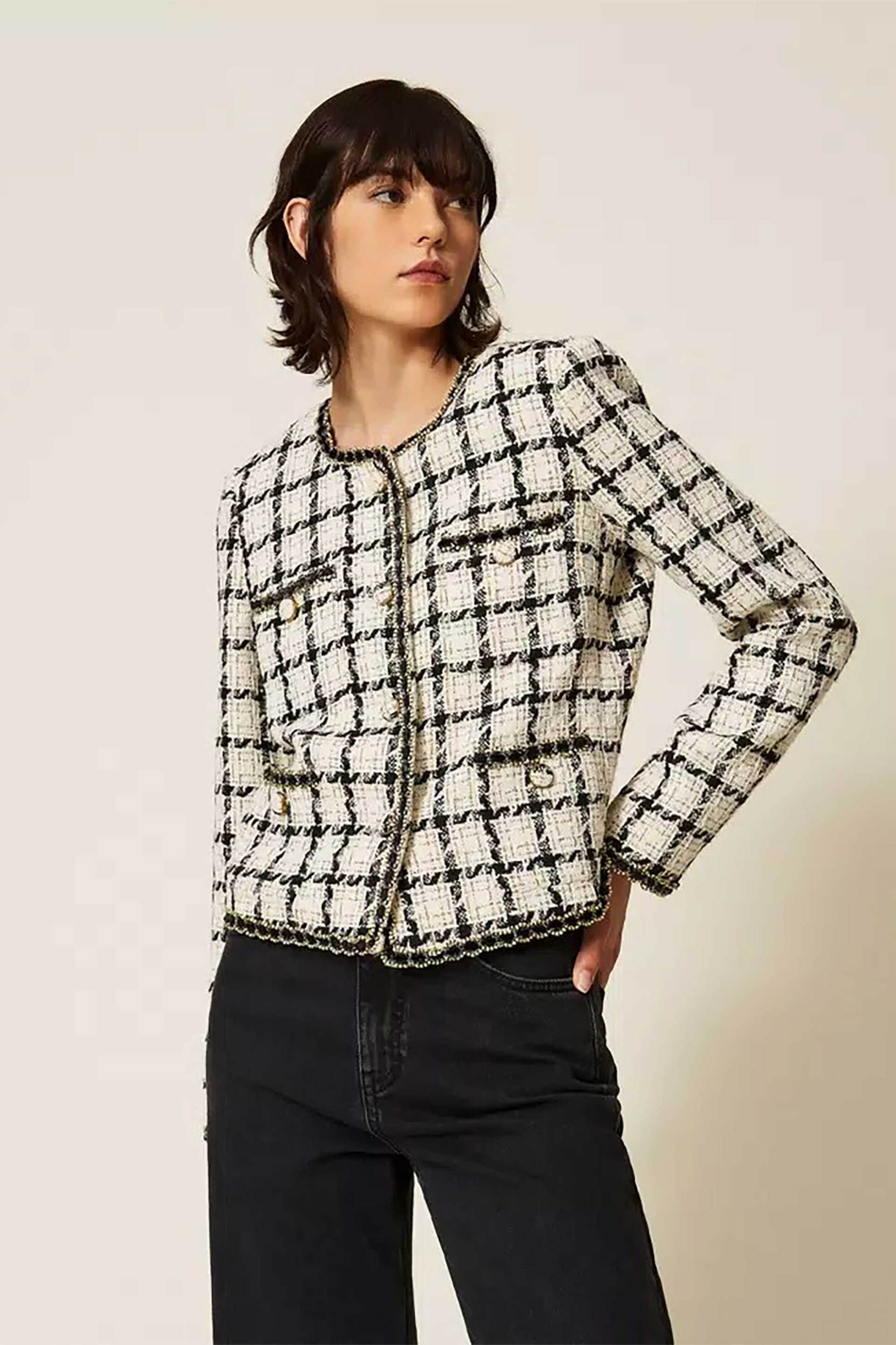Twinset γυναικείο σακάκι bouclé με καρό - 262TP2752 Εκρού