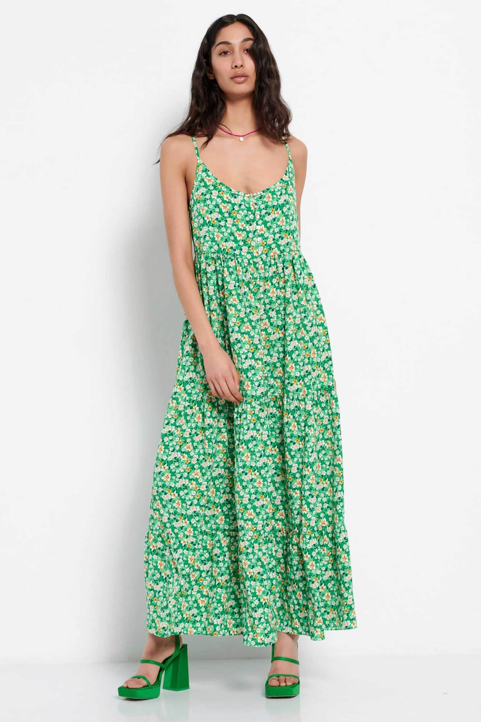Γυναίκα > ΡΟΥΧΑ > Φορέματα > Maxi Funky Buddha γυναικείο maxi φόρεμα με all-over floral print και άνοιγμα μπροστά - FBL007-135-13 Πράσινο