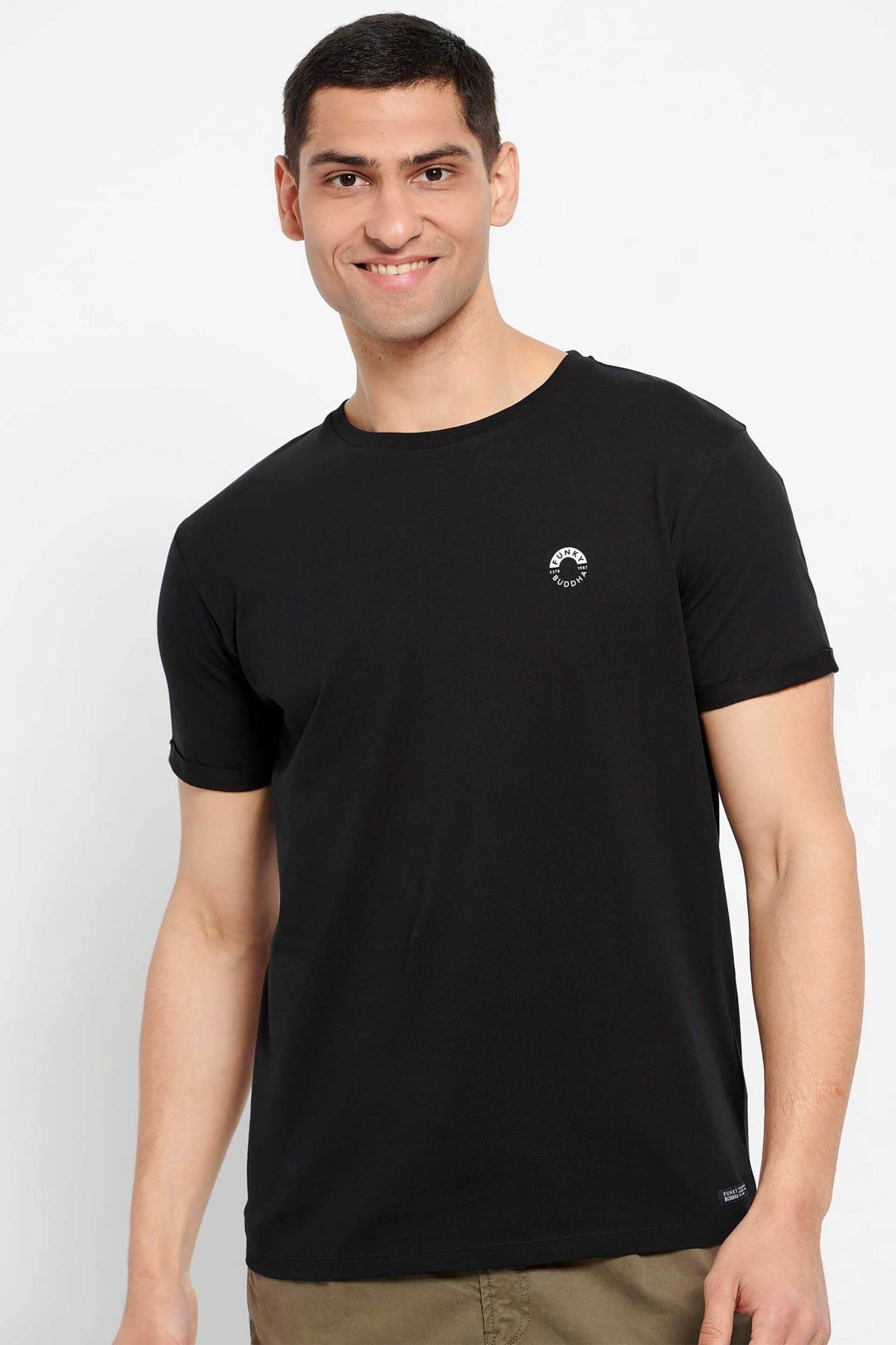 Ανδρική Μόδα > Ανδρικά Ρούχα > Ανδρικές Μπλούζες > Ανδρικά T-Shirts Funky Buddha ανδρικό βαμβακερό T-shirt μονόχρωμο με contrast logo print και patch - FBM007-010-04 Μαύρο