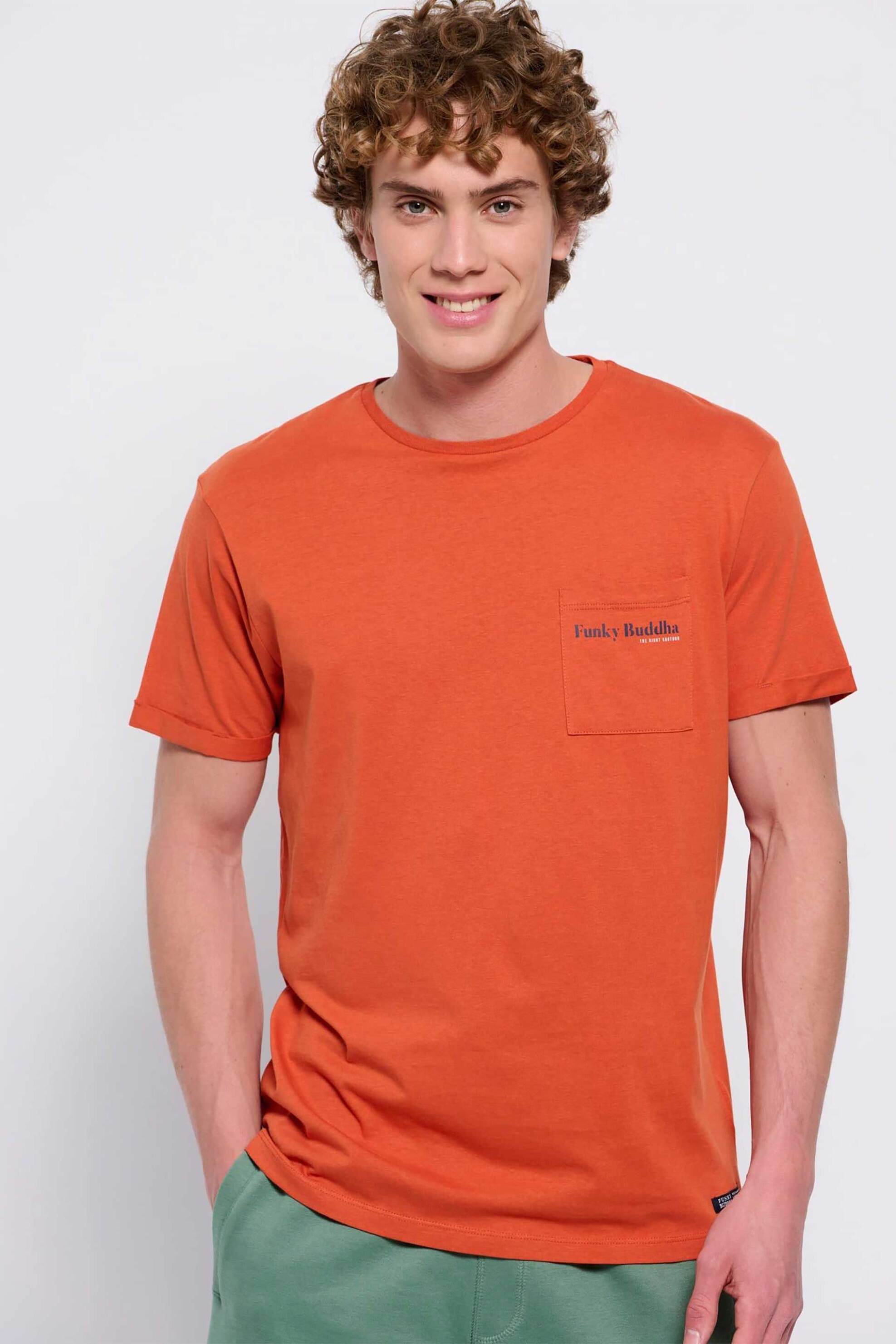 Ανδρική Μόδα > Ανδρικά Ρούχα > Ανδρικές Μπλούζες > Ανδρικά T-Shirts Funky Buddha ανδρικό βαμβακερό T-shirt μονόχρωμο με τσέπη slip και contrast logo print - FBM007-011-04 Πορτοκαλί