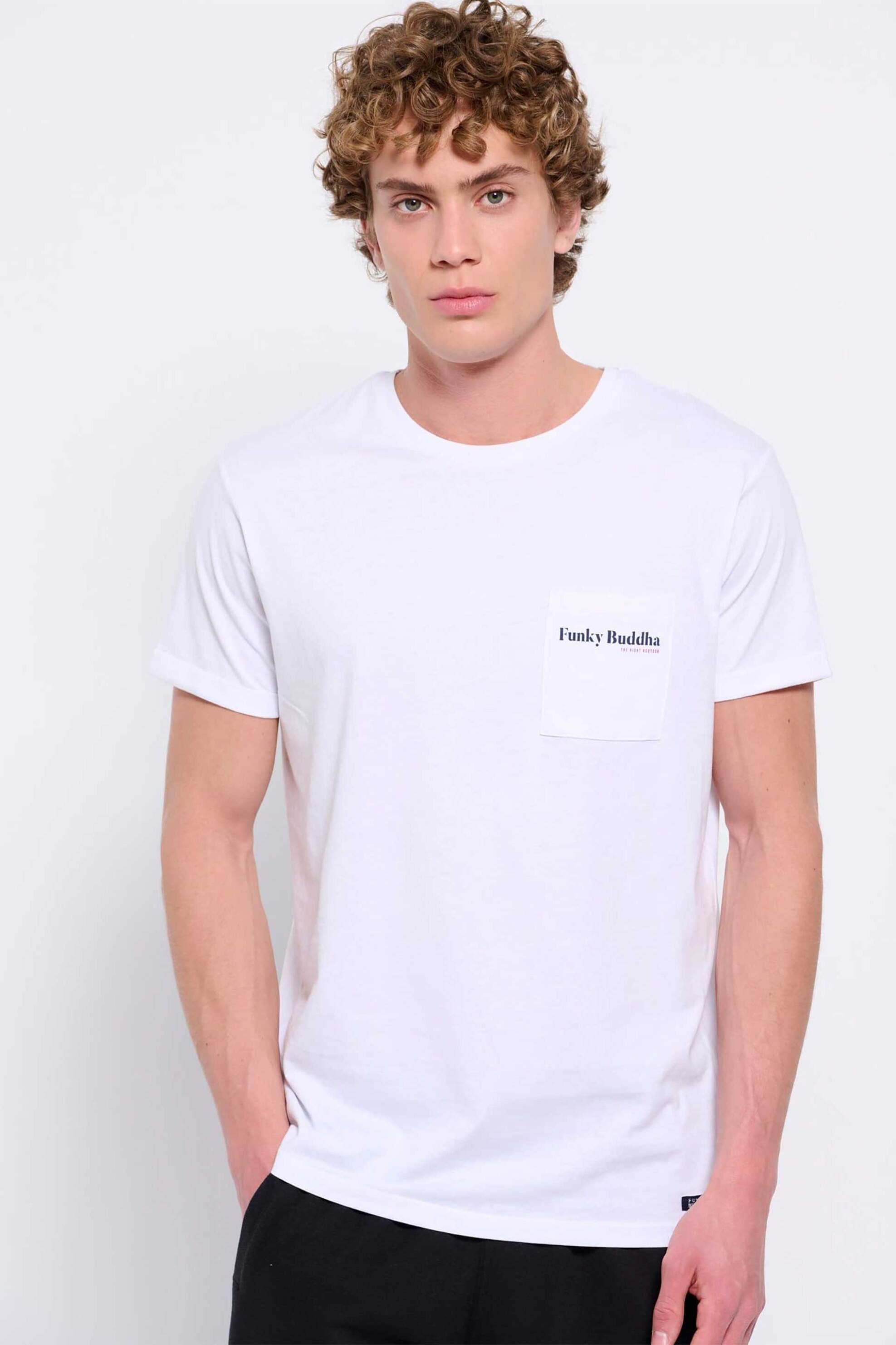 Ανδρική Μόδα > Ανδρικά Ρούχα > Ανδρικές Μπλούζες > Ανδρικά T-Shirts Funky Buddha ανδρικό βαμβακερό T-shirt μονόχρωμο με τσέπη slip και contrast logo print - FBM007-011-04 Λευκό