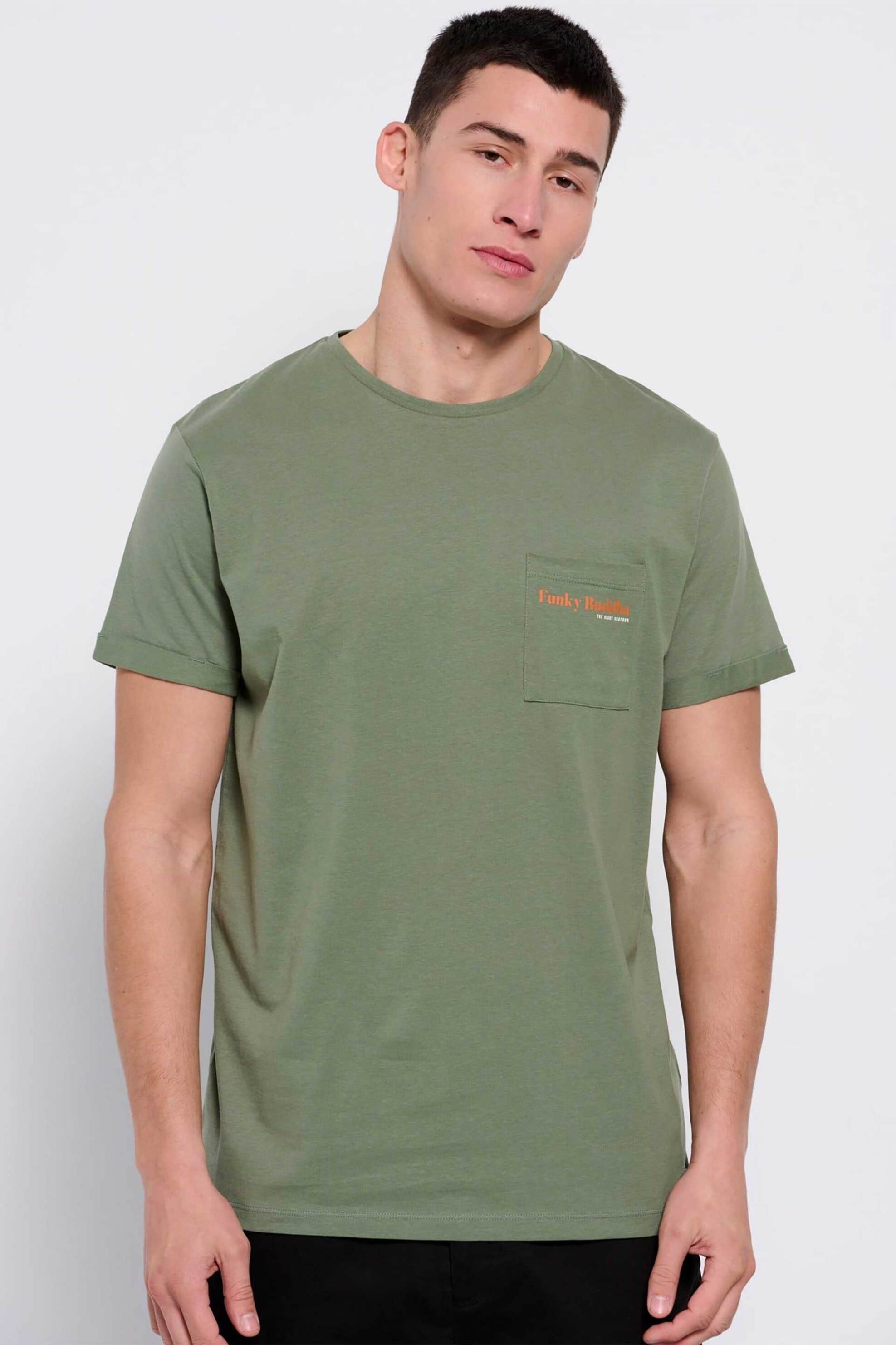Ανδρική Μόδα > Ανδρικά Ρούχα > Ανδρικές Μπλούζες > Ανδρικά T-Shirts Funky Buddha ανδρικό βαμβακερό T-shirt μονόχρωμο με τσέπη slip και contrast logo print - FBM007-011-04 Χακί