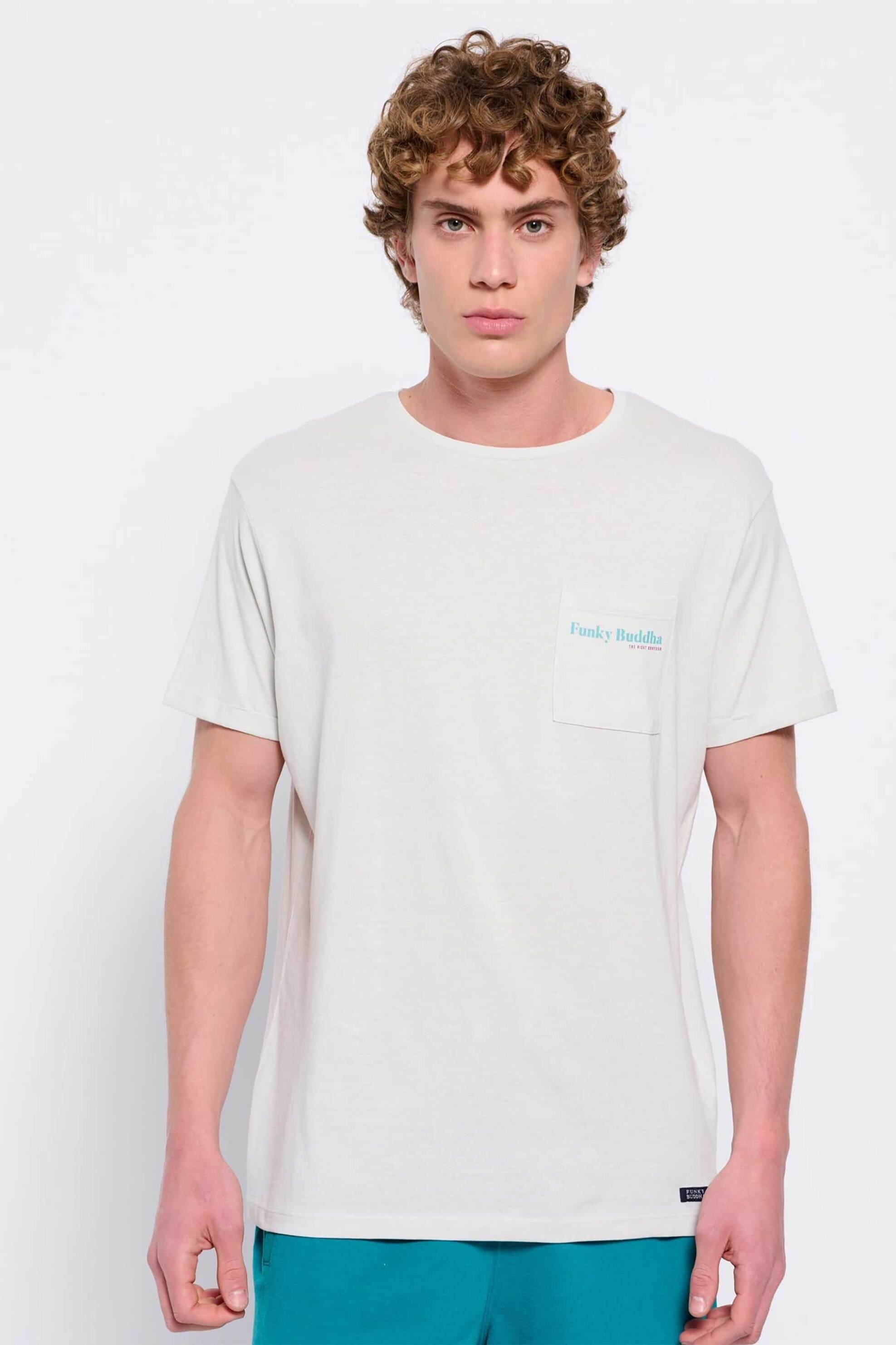 Ανδρική Μόδα > Ανδρικά Ρούχα > Ανδρικές Μπλούζες > Ανδρικά T-Shirts Funky Buddha ανδρικό βαμβακερό T-shirt μονόχρωμο με τσέπη slip και contrast logo print - FBM007-011-04 Κρέμ