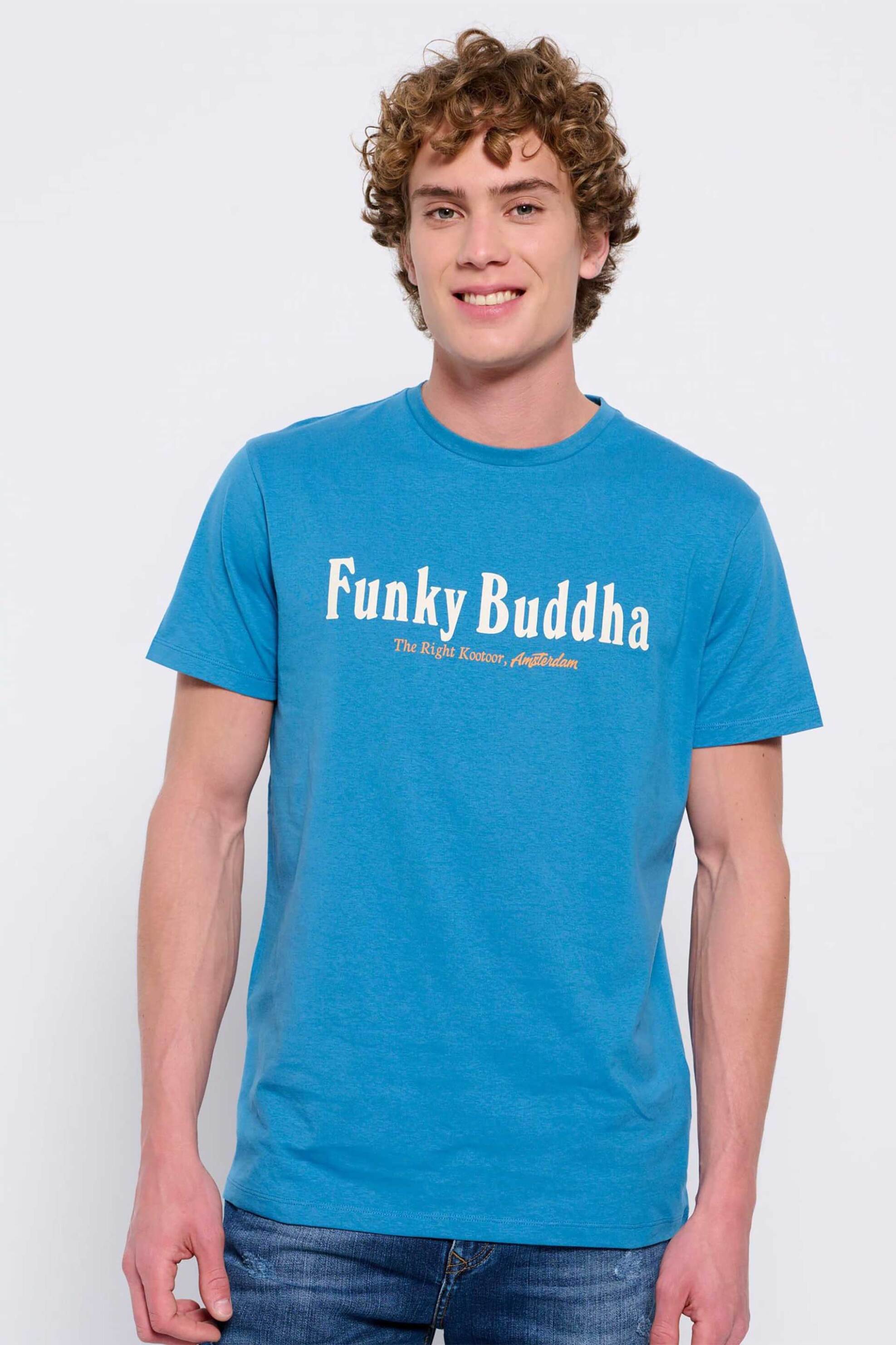 Άνδρας > ΡΟΥΧΑ > Μπλούζες > T-Shirts Funky Buddha ανδρικό βαμβακερό T-shirt μονόχρωμο με contrast logo print και logo label στο πλάι - FBM007-021-04 Γαλάζιο