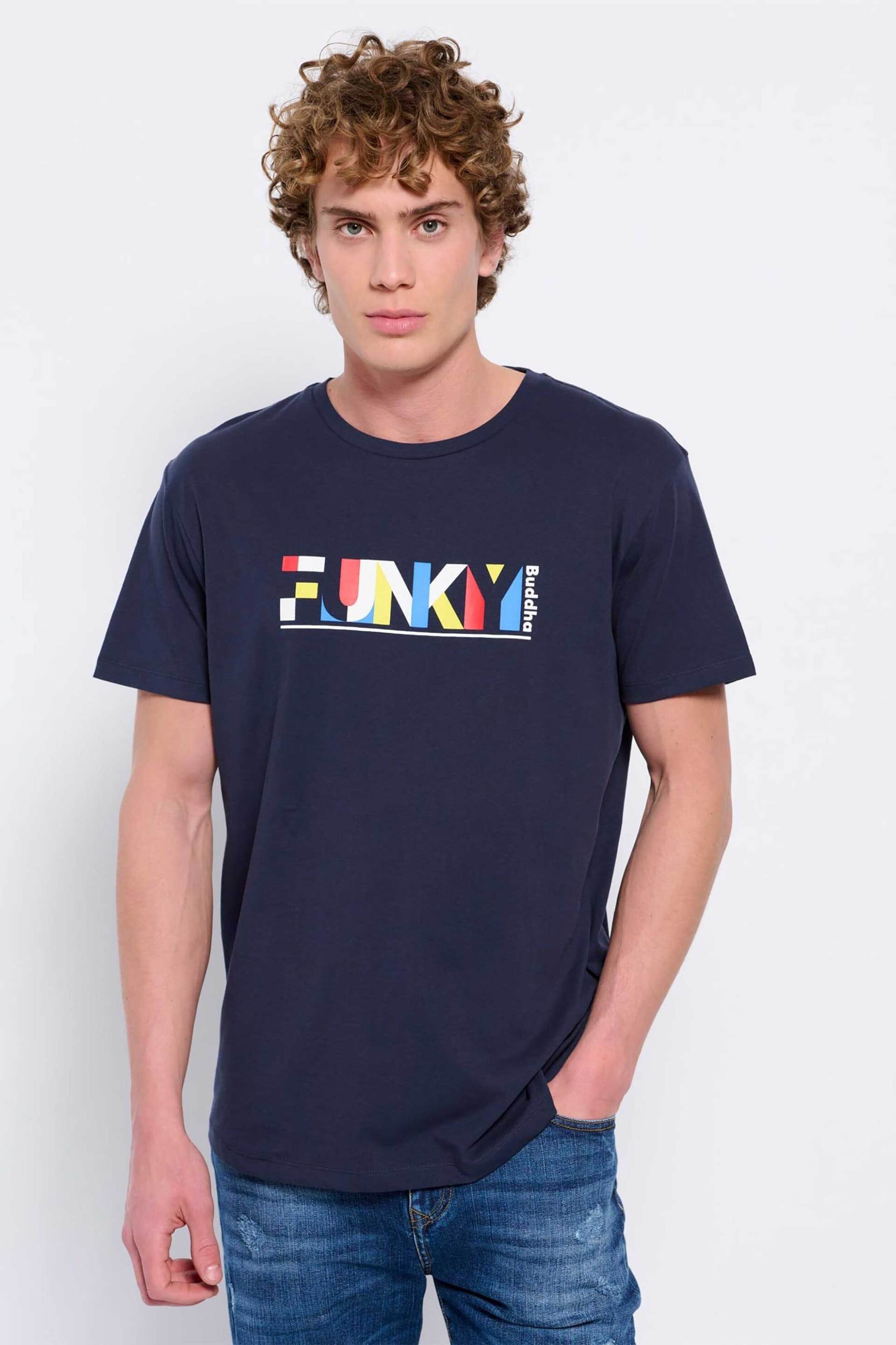 Ανδρική Μόδα > Ανδρικά Ρούχα > Ανδρικές Μπλούζες > Ανδρικά T-Shirts Funky Buddha ανδρικό βαμβακερό T-shirt μονόχρωμο με colorblocked logo print μπροστά - FBM007-024-04 Σκούρο Μπλε